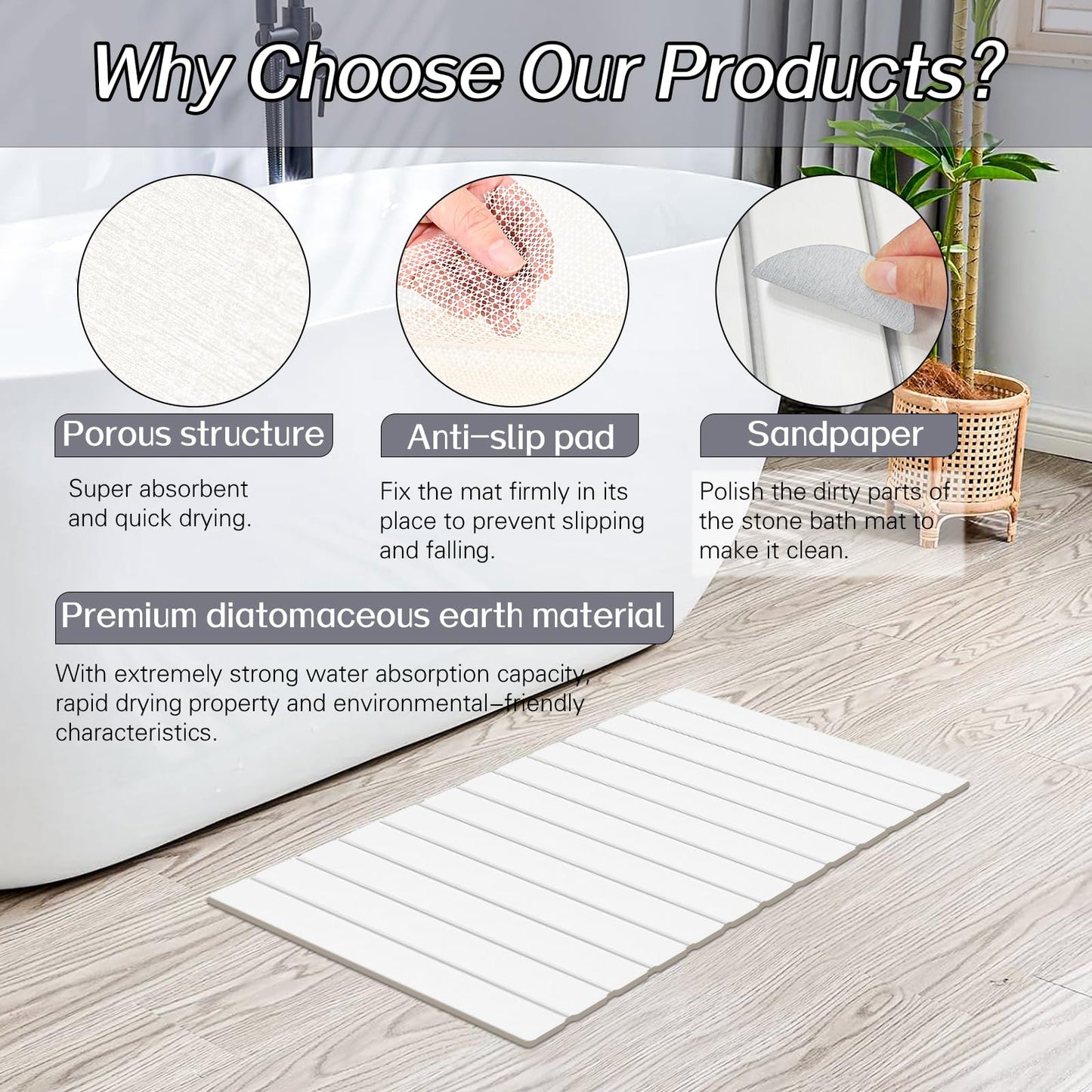 Setguopal 2 Pack Foldable Stone Bath Mats, White Super Absorbent Diatomaceous Earth Bath Rug, Non-Slip Shower Mat, Quick-Drying Bath Rug and Drying Mat for Tub and Shower