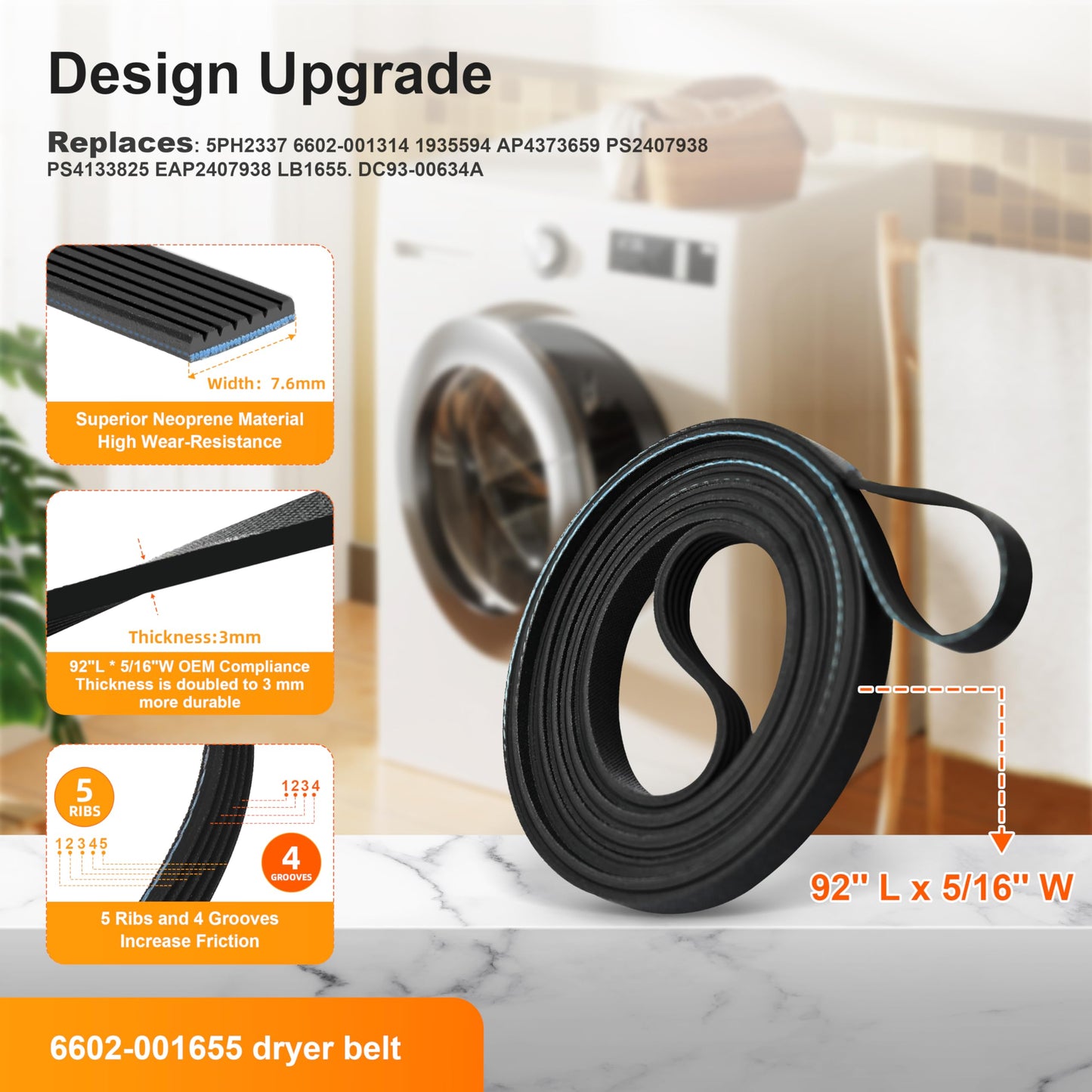 Upgraded Samsung Dryer Parts Dryer Repair Kit for DC97-16782A Samsung Dryer Roller Replacement Kit, DC93-00634A Dryer Idler Pulley, 6602-001655/5ph2337 Dryer Belt, Replacement for DV40J3000EW/A2 Parts