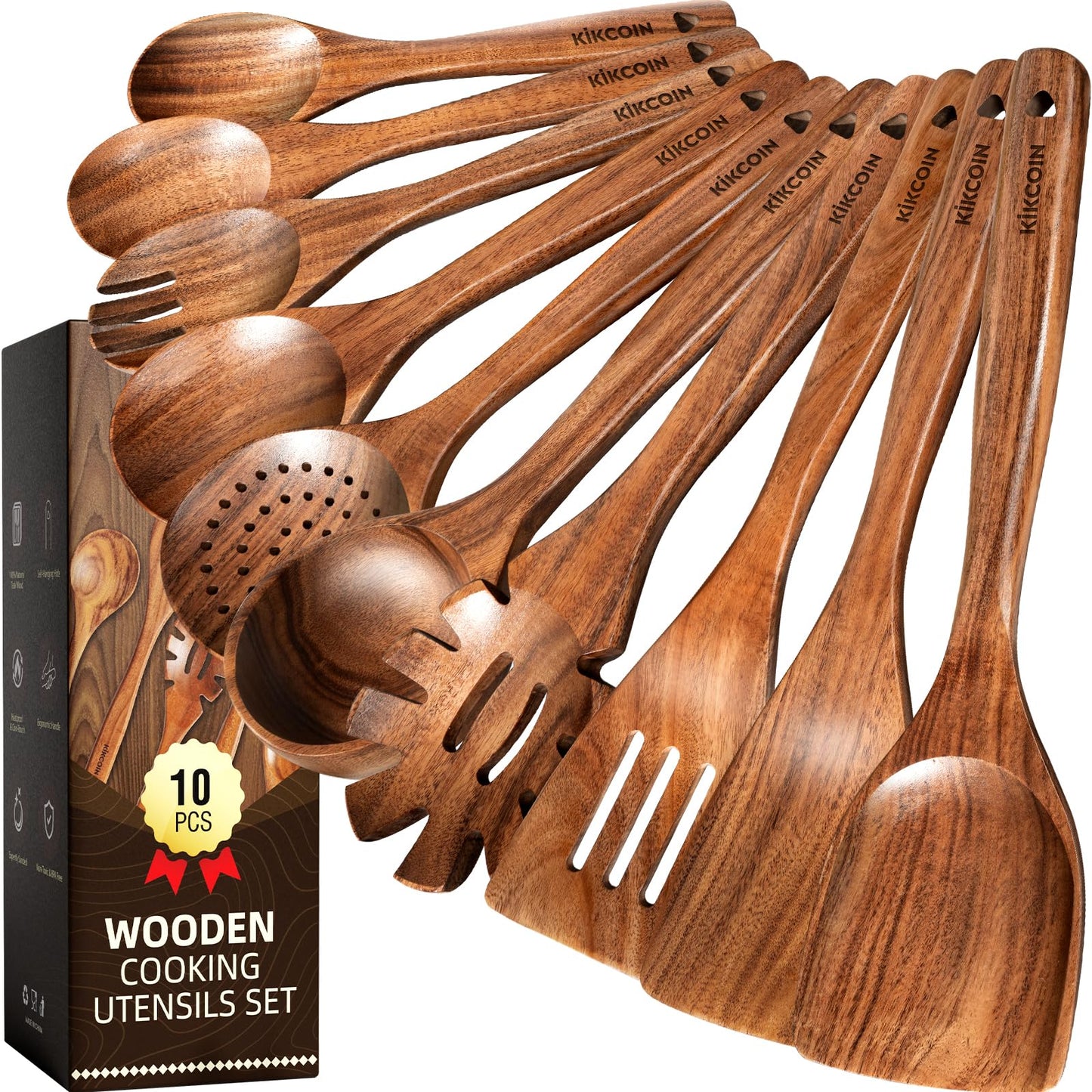 Kikcoin 10 PCS Durable Natural Teak Wooden Cooking Utensil Set, Non Toxic Wooden Spoons for Cooking, Wooden Utensil Set for Cooking with Comfort Grip, Nonstick & Easy to Clean Wood Kitchen Utensil Set
