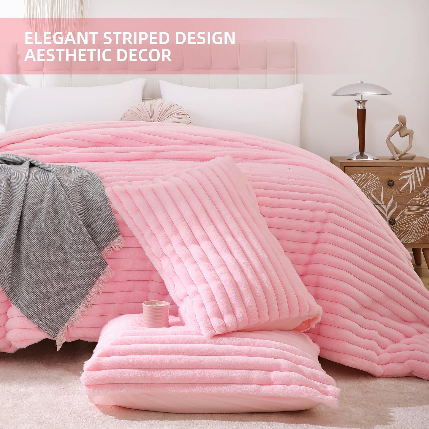 Smoofy Fluffy Queen Comforter Set 3 Pieces - Pink Fleece Fluffy Comforter Set, Luxury Fuzzy Queen Bedding Set, Soft Warm Bed Set All Season, Heavy Faux Fur Comforter with 2 Pillow Cases