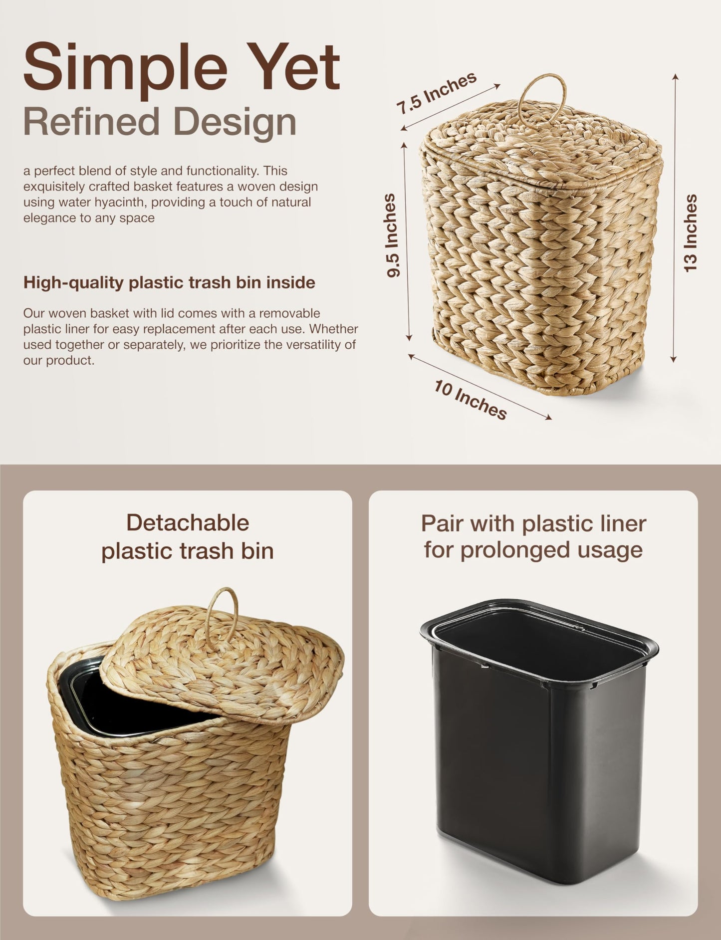 Tidita 1.5 Gallons Wicker Waste Basket with Lid - Large Wicker Trash Can for Office - Waste Basket for Bedroom, Bathroom, Kitchen, Living Room - Boho Handwoven Trash Cans for Garbage (1.5 Gallons)