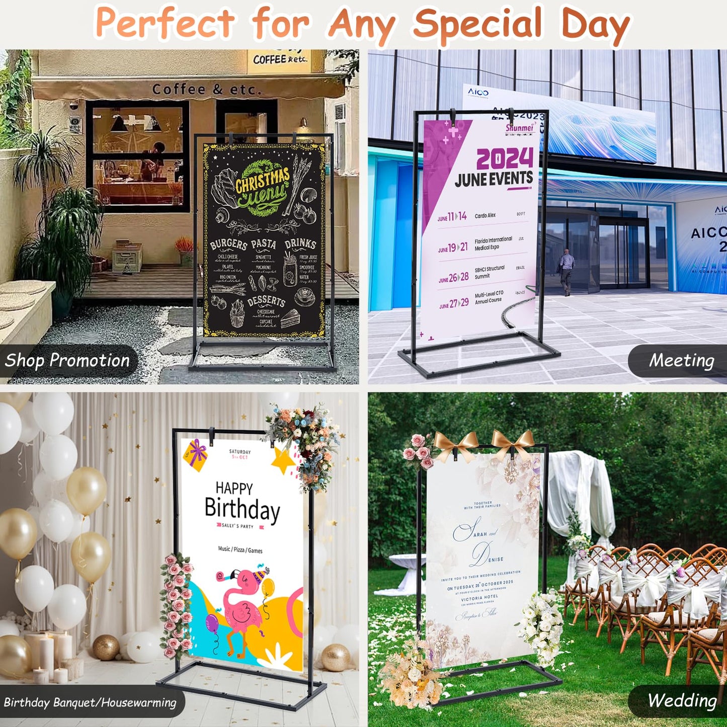 WEIDLUDOR Elegant Wedding Sign Stand & Holder，Black Heavy Duty Metal Wedding Welcome Sign Stand for Reception，Welcome to Our Wedding Hanging Sign Stand - Perfect for Seating Chart, Posters, and Decor