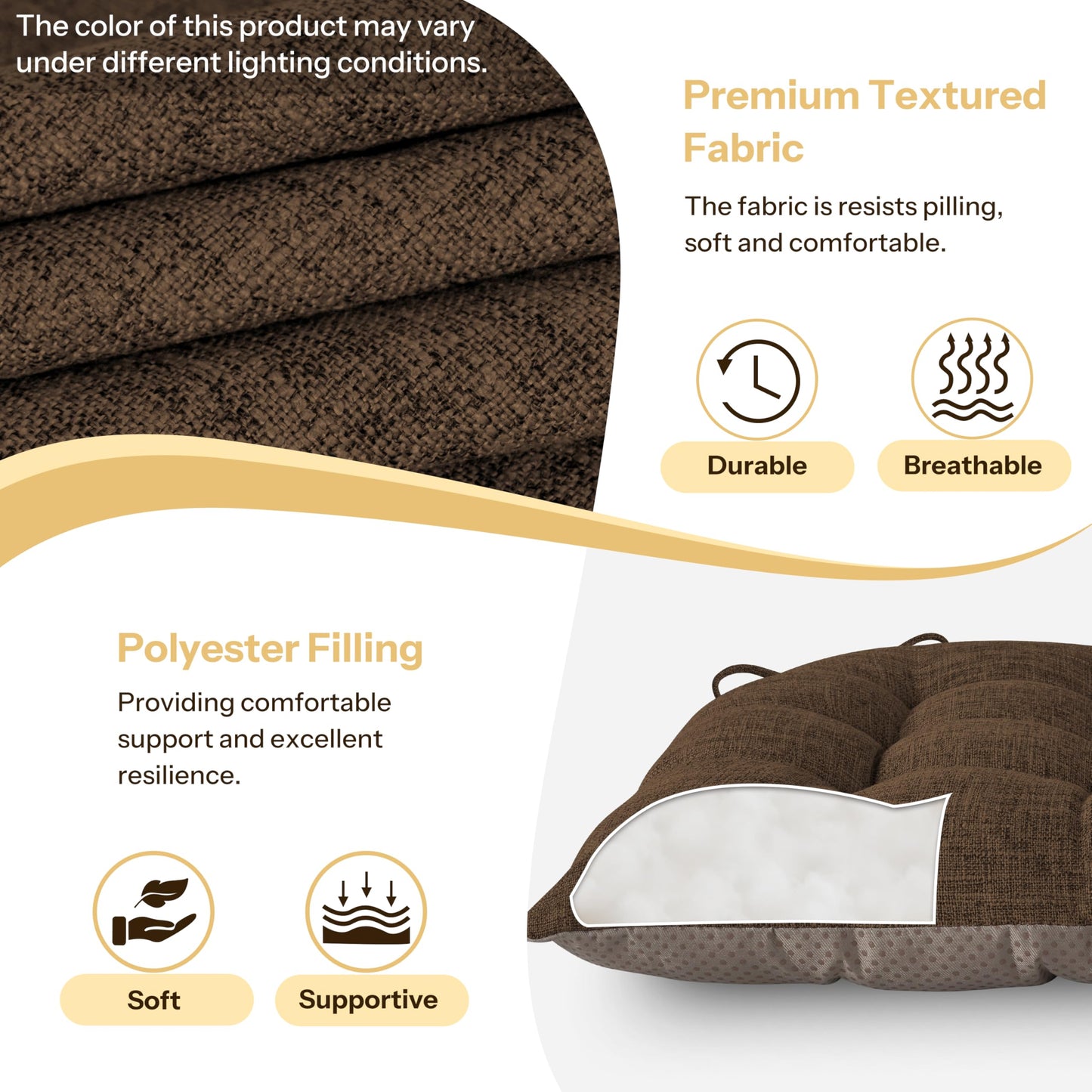 FlyGulls Chair Cushions for Dining Chairs Set of 4 Durable D-Shaped Seat Cushions with Non-Slip Backing Secure Ties Thick Cozy Seat Pad for Kitchen Dining Room Office(18x16.5x3in Coffee)