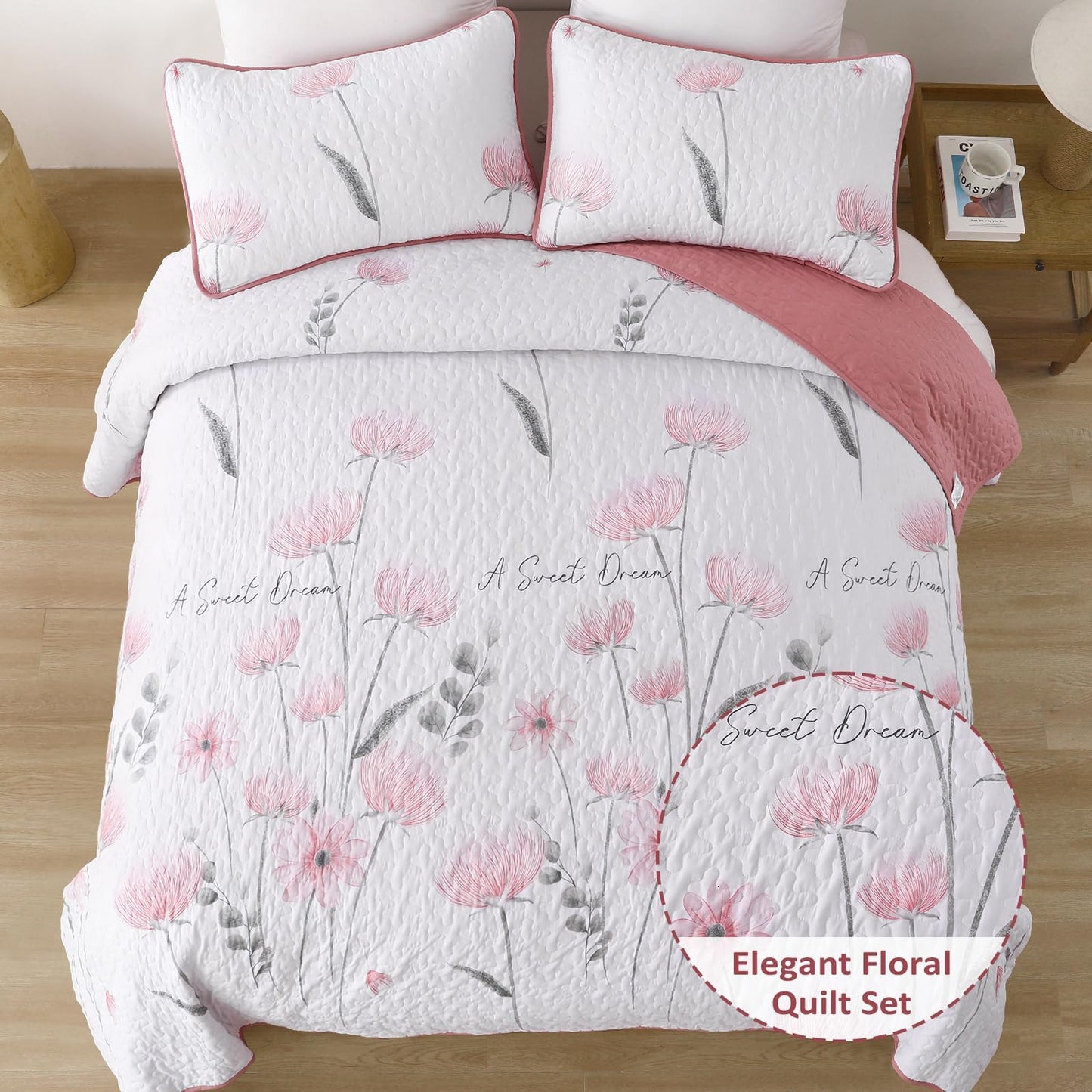 Dinjoy Floral Quilt Set Queen,Pink Bedspread Queen Size 3 Pieces Lightweight Farmhouse Bedding Set Cute Quilts Soft Flower Bedspreads White Coverlet Sets for Girls Women Fall