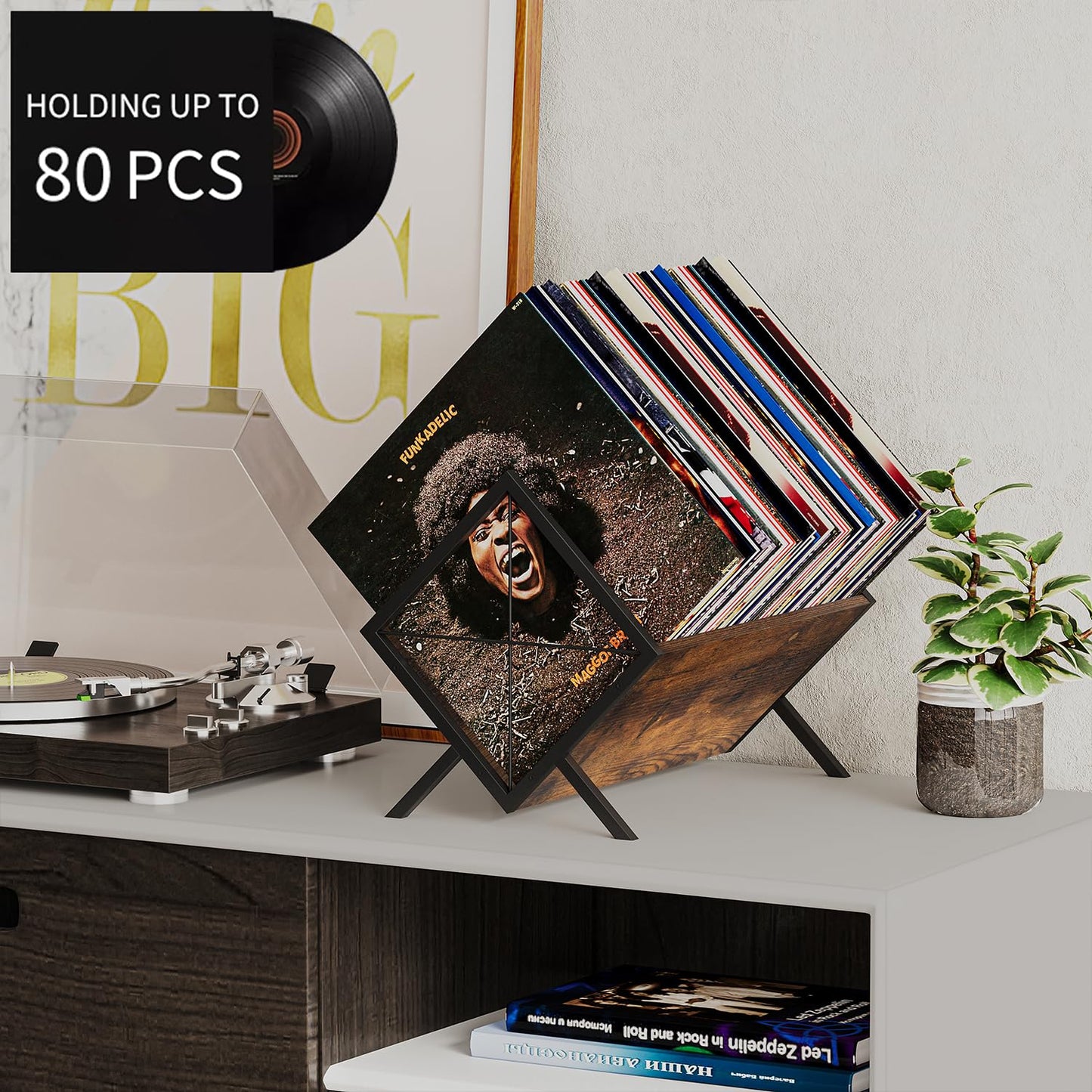 YINMIT Vinyl Record Holder, 80-100 LP Vinyl Record Storage Rack, Quick Assembly Vinyl Record Display, Retro Style Organizer for Magazine, Book, Files, Albums (Rustic Brown, 1 Tier)