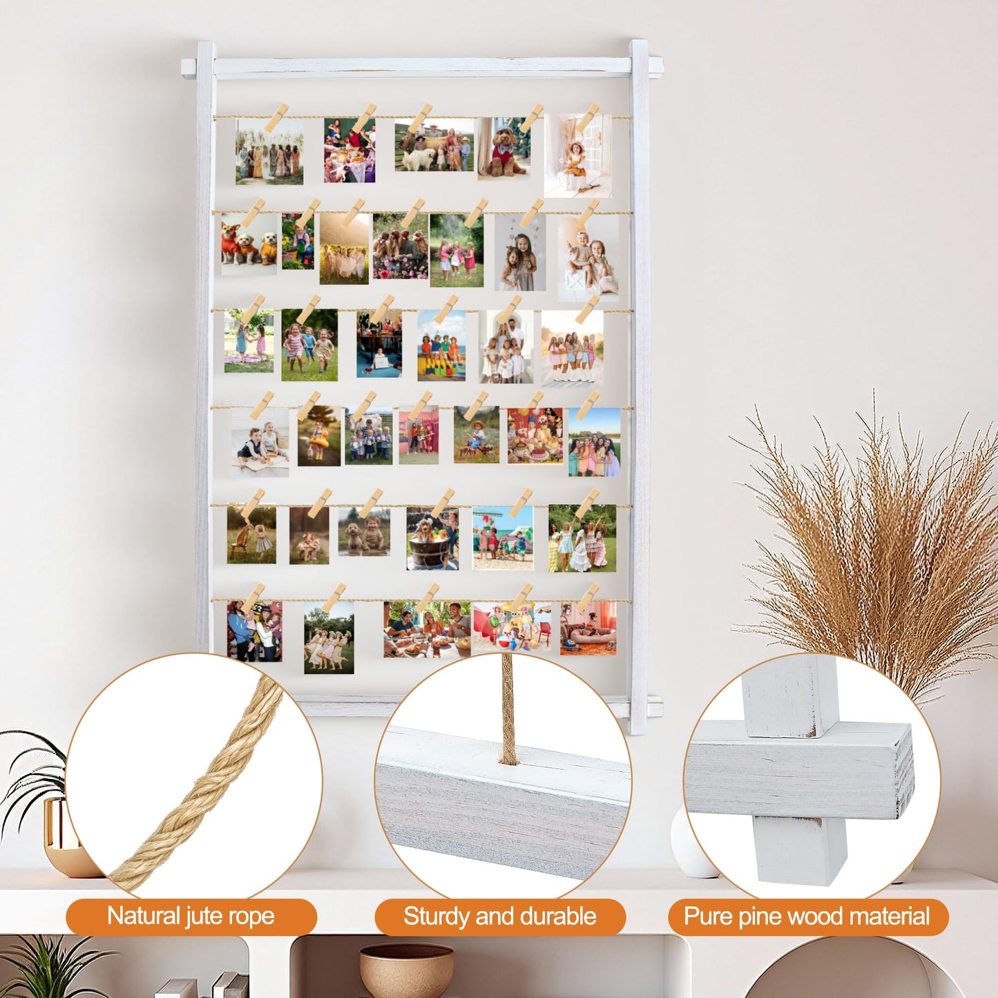 Collage Picture Frame,Photo Display Board with Clips,Hanging Pictures Frames Photos Wall Decor for Wedding Graduation Party Birthday Greeting Letter Christmas Cards Holder Organizer,39 inch(White)