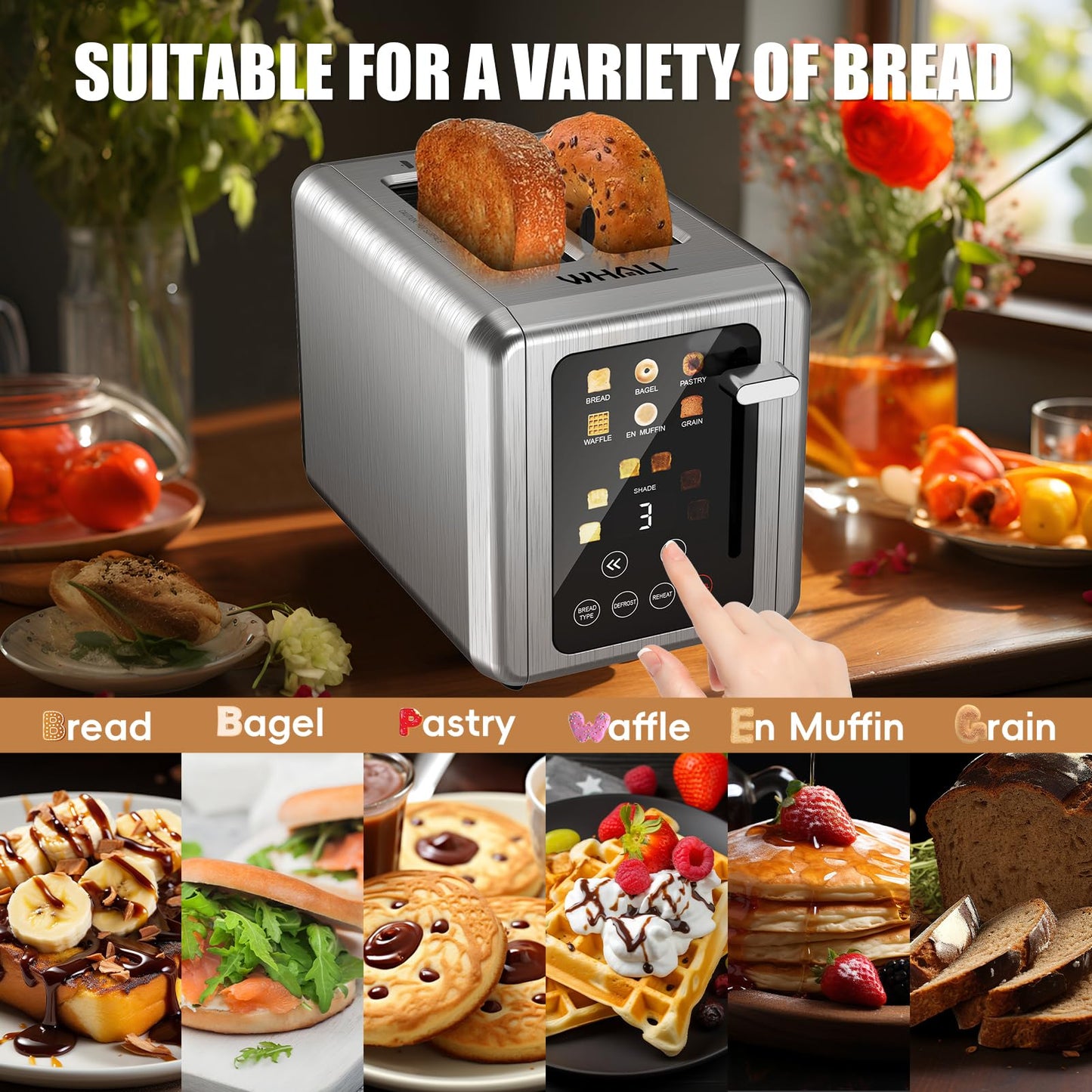 WHALL Touch Screen Toaster 2 Slice,Smart Digital Toaster with 1.5" Wide Slots,6 Shade Settings & 6 Bread Types,Memory Function,Countdown Timer,Brushed Stainless,Ideal Kitchen Gift & Essential