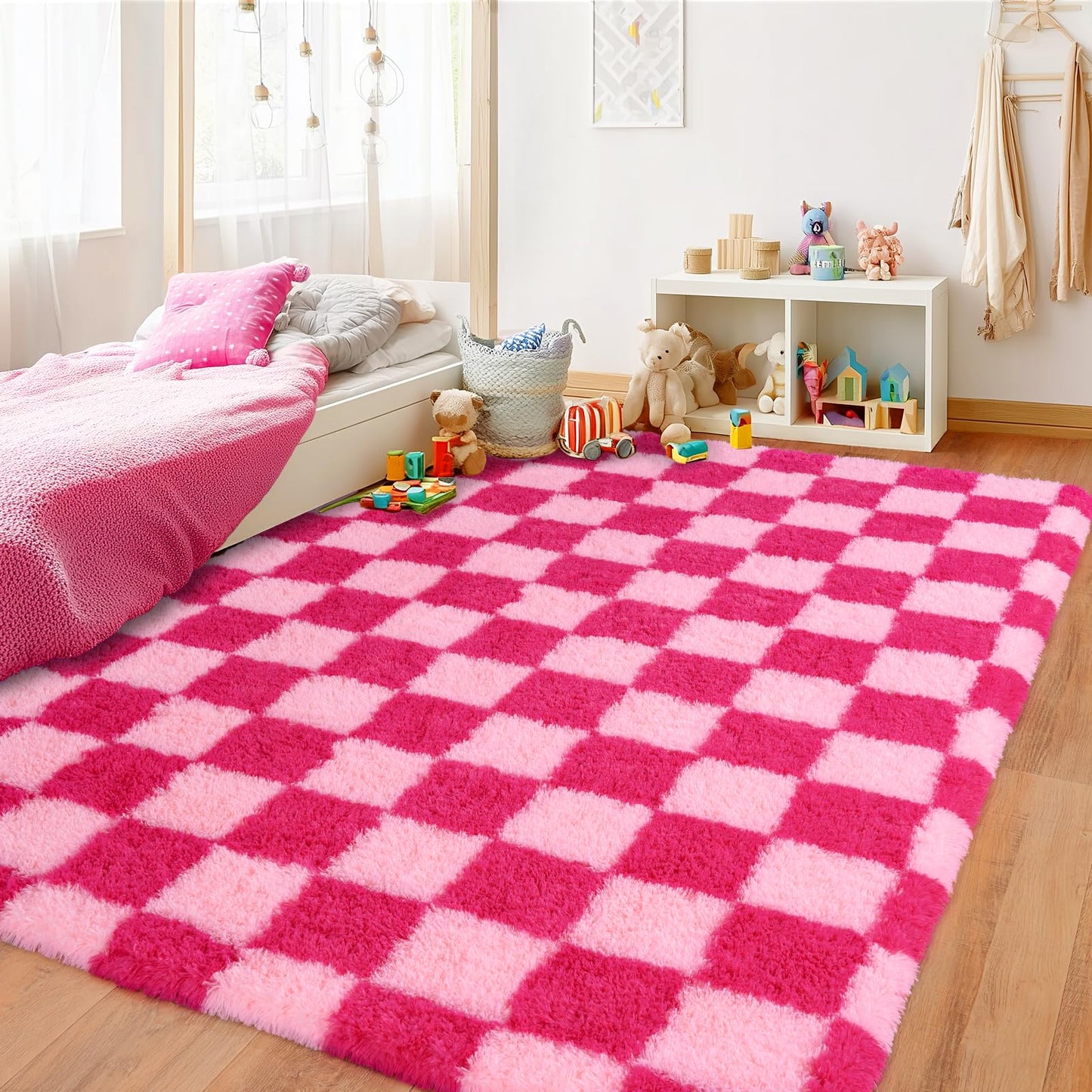 Pionblank Fluffy Area Rug for Bedroom 5x7, Modern Indoor Shag Carpet, Soft Plush Non Slip Checkered Rugs for Living Room Kids Room Home Decor, Hot Pink