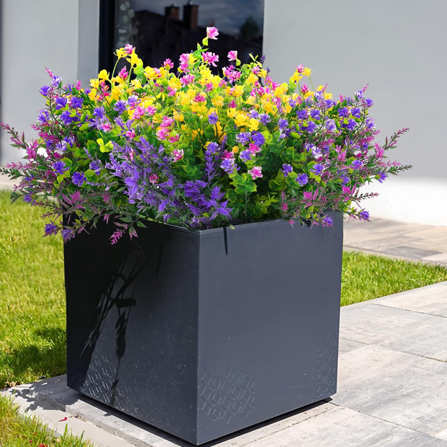Hananona 24 Pcs Artificial Flowers Outdoor, Faux Artificial Plants UV Resistant Plastic Flower Bulk for Hanging Planter Porch Window Home Wedding Summer Decor (24, Fuchsia, Purple, Yellow, Green)