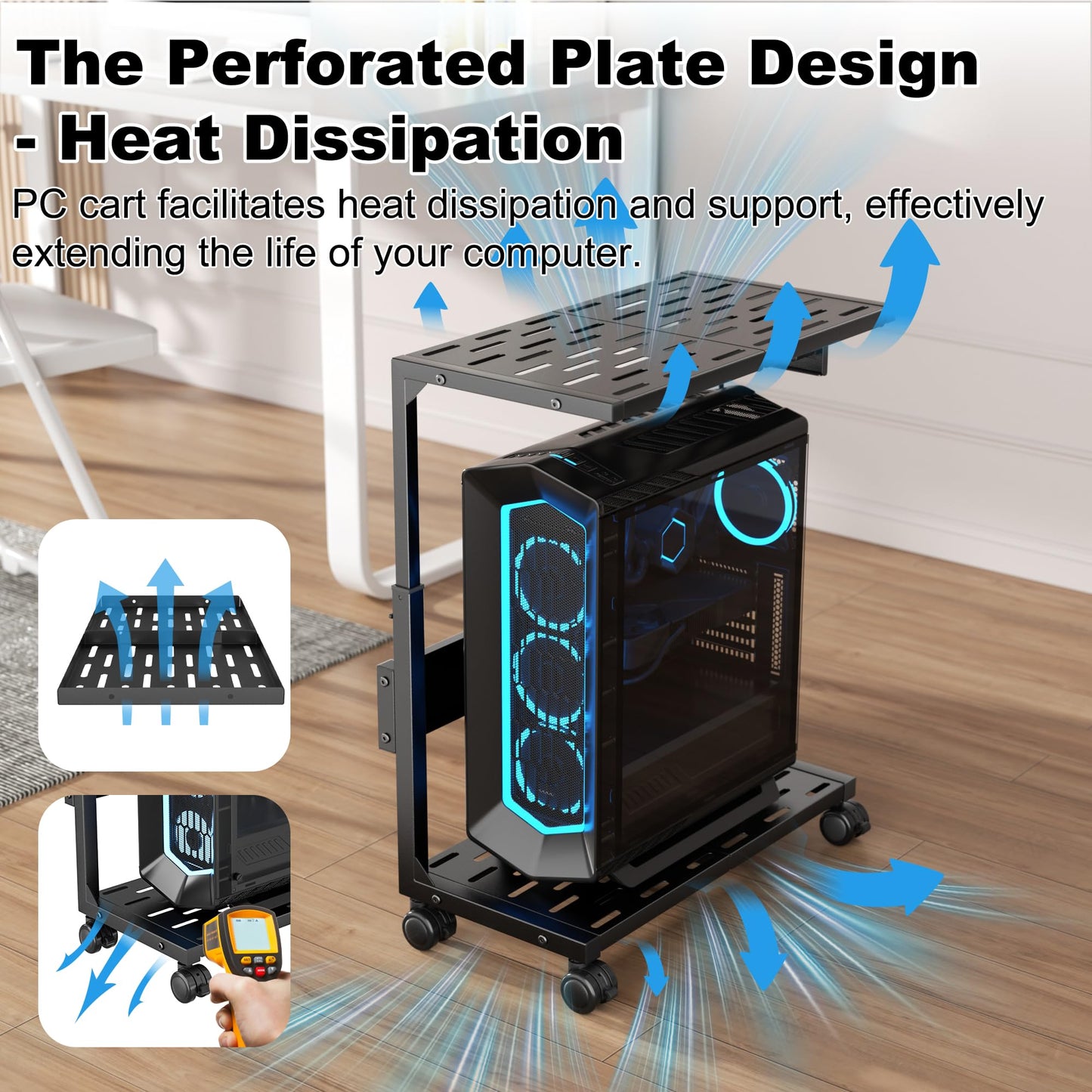 Aquzee PC Stand, Adjustable Computer Tower Stand on Wheels, Heavy Duty Metal Computer Case Cart with Power Strip, Under Desk Rolling PC Holder for Floor Carpet, Gaming Home Office Bedroom, Black
