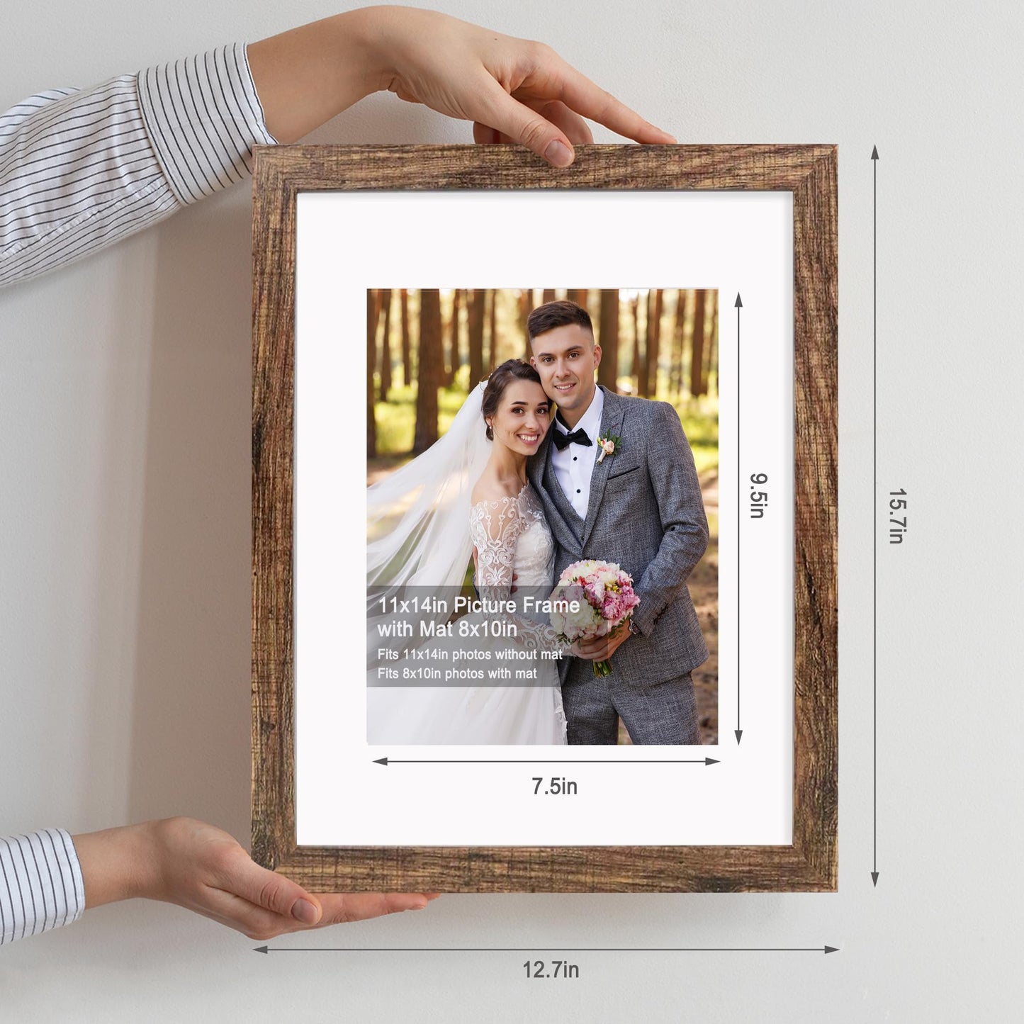 Hongkee 11x14 Picture Frame Set of 4, Made of Glass and Rustic Brown Wooden Frame, Display 8x10 Pictures with Mat or 11 x 14 Posters without Mat for Wall Mounting, Gallery Photo Frames