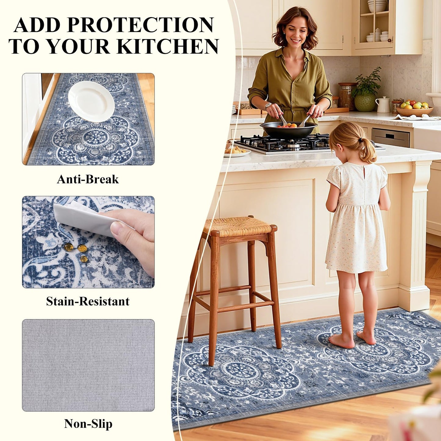 Ileading Boho Kitchen Rugs Sets 3 Piece with Runner Floral Kitchen Floor Mat Carpet Farmhouse Kitchen Rugs and Mats Non Skid Washable Runner Rug for Kitchen Floor Office Sink Laundry, Blue