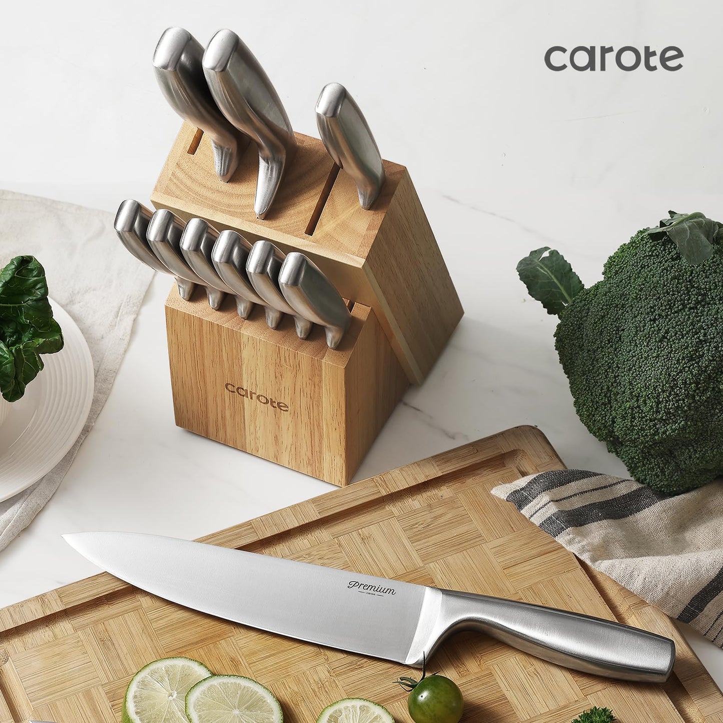 CAROTE 12-Piece Knife Set, All-Stainless Steel Knife Block Set, Kitchen Knives with Wooden Block, Razor-Sharp and Ergonomic, Easy Cleaning