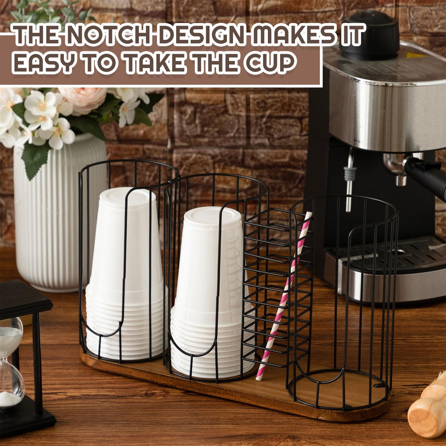 Geelin 18oz Adjustable Coffee Cup Dispenser with Wooden Base, Cup Holder Organizer for Storing Paper Cups, Straws, Lids and Other Tableware(4-compartment Single,Color 1)