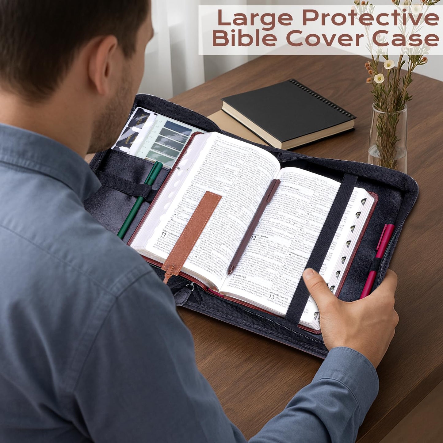 XKDOUS 20 Pcs Bible Case Set with Tabs, Pens, Study Supplies Carrier Holder Portable Men's Bible Bag Church Book Leather Cover Father Day Christian Gift for Dad, Mom, Men, Women