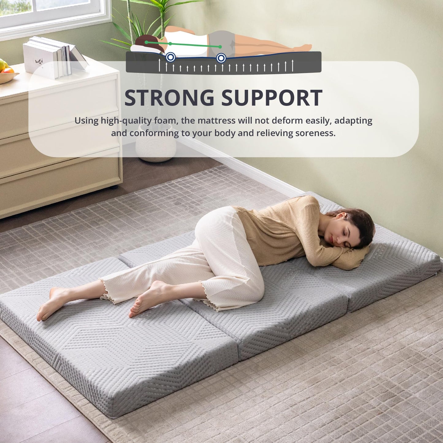 CH Charme House Folding Mattress, 4 Inch Single Tri Folding Memory Foam Mattress for Camping Guest Bed, Washable Cover & Non-Slip Bottom, 75" x 25" x 4", Grey