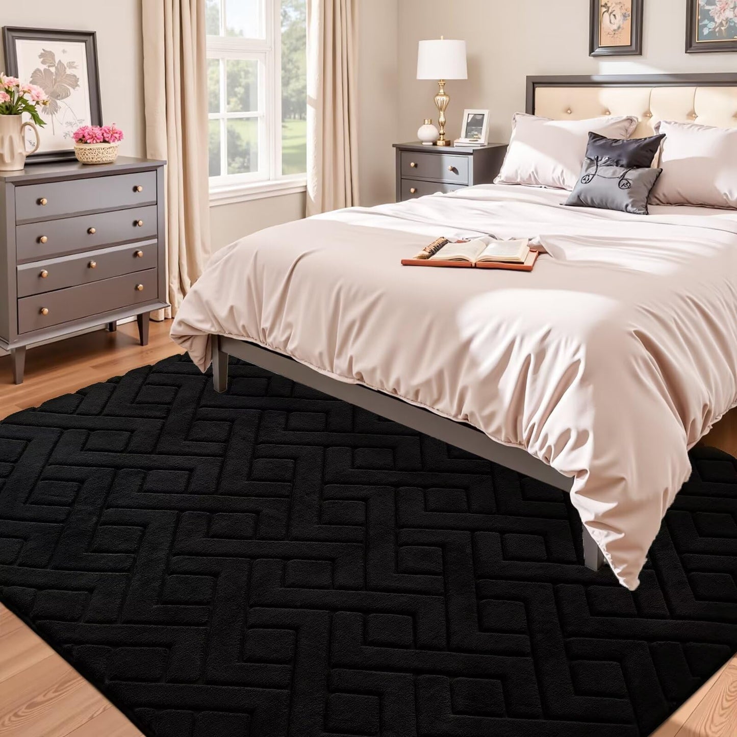 Flagover 5x7 Black Washable Area Rug for Bedroom Living Room, Modern Geometric Shag Non-Slip Rugs, Fluffy Plush Soft Memory Foam Carpet for Kids Boys Room Nursery