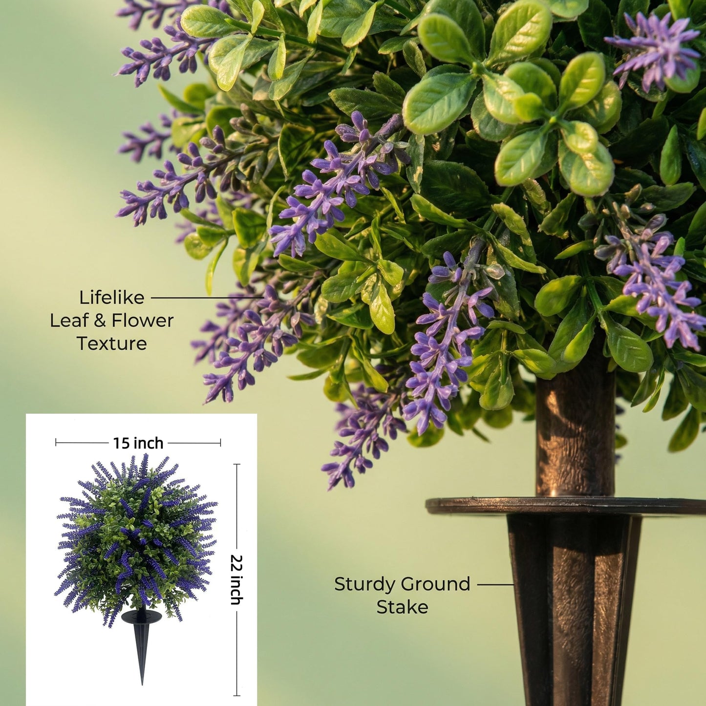 Siyoeg Artificial Lavender Topiary Ball Trees with Ground Spike, Set of 2 UV Resistant Faux Shrubs, Fake Evergreen Plant for Indoor Outdoor Front Porch Garden Decor, No Watering Needed