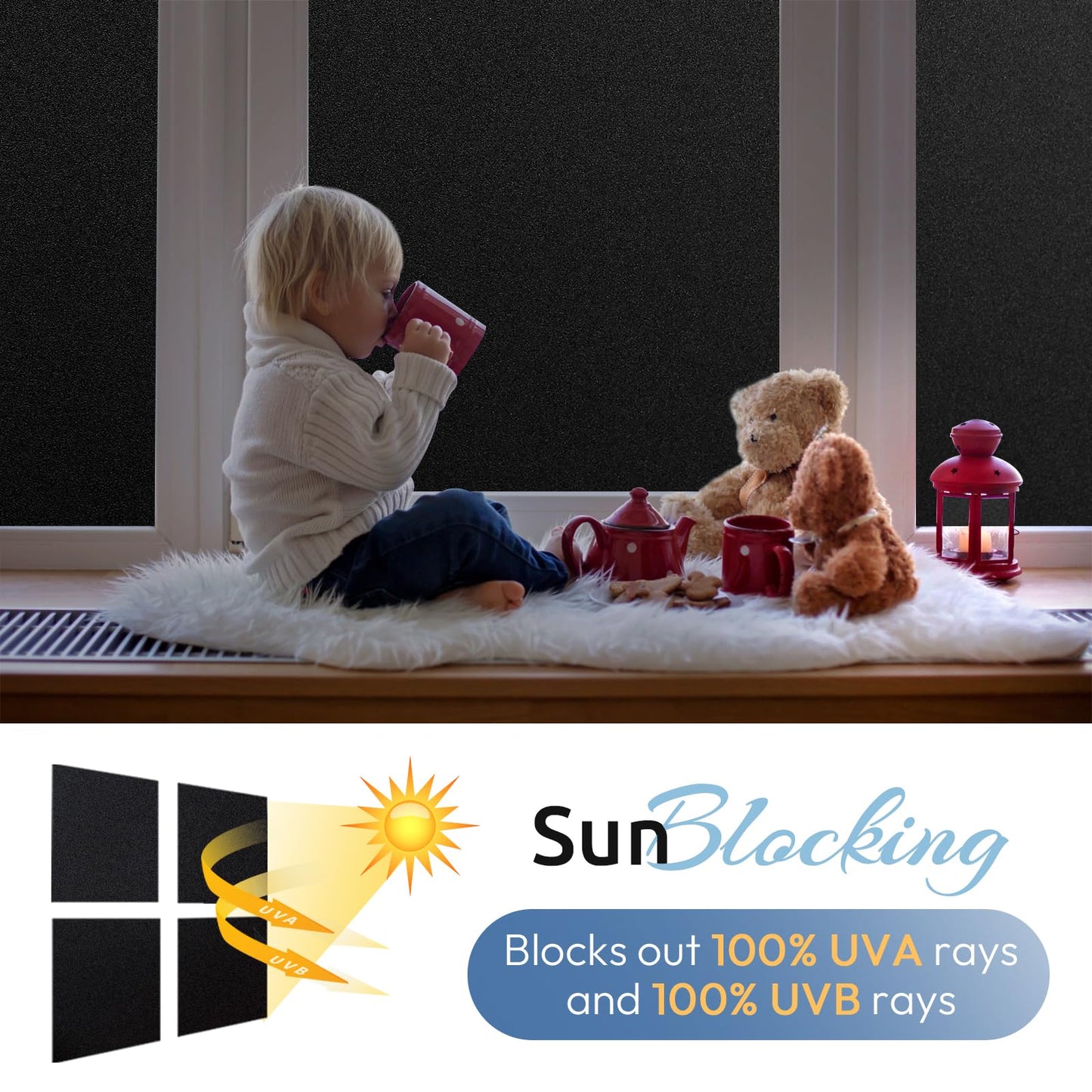 rabbitgoo Blackout Window Film, Removable Window Tint in House Static Cling, Darkening Privacy Heat & Light Blocking, Window Cover Day Sleep for Home Garage Bedroom Black 35.4 x 157.4 Inches