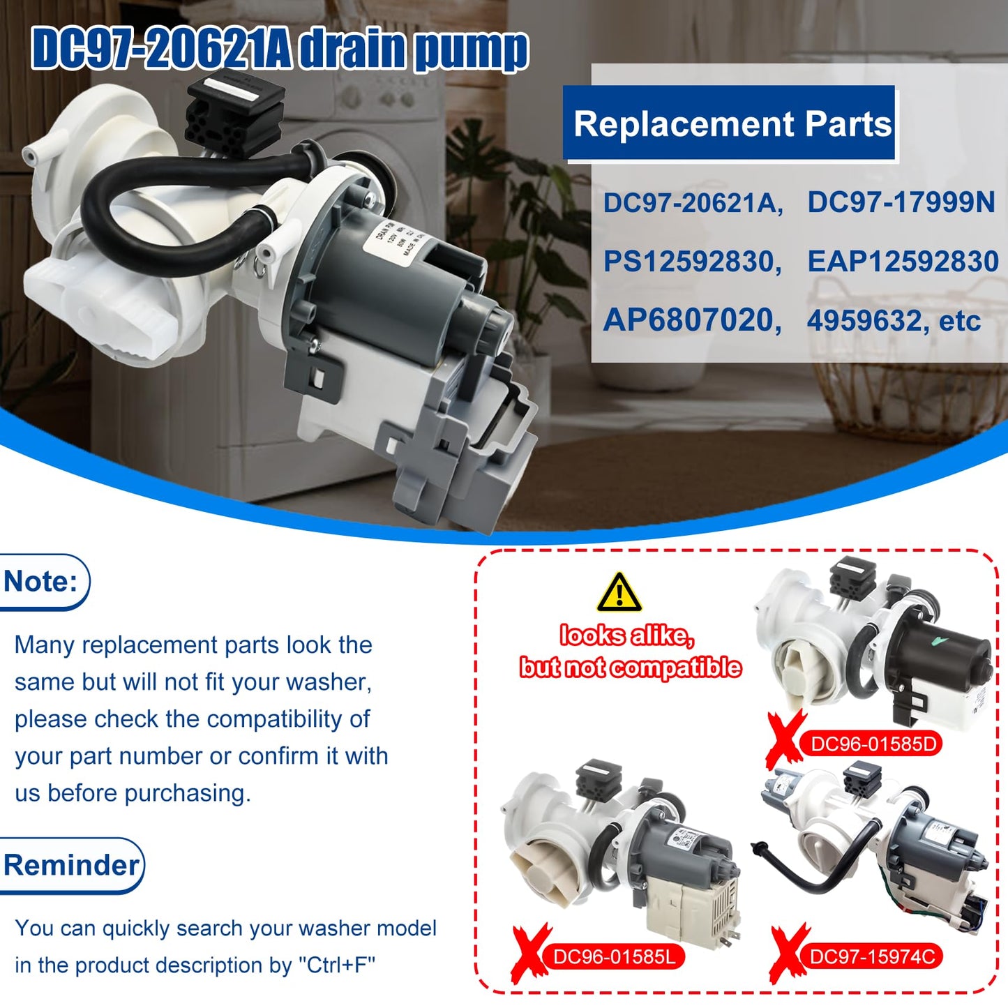 DC97-20621A, DC97-20621C, DC97-17999N Drain Pump Assembly(OEM) Compatible with samsung washer(some models), Replace Number: DC31-00187A, PX3516-01, AP6807020, 4959632, PS12592830, EAP12592830 etc