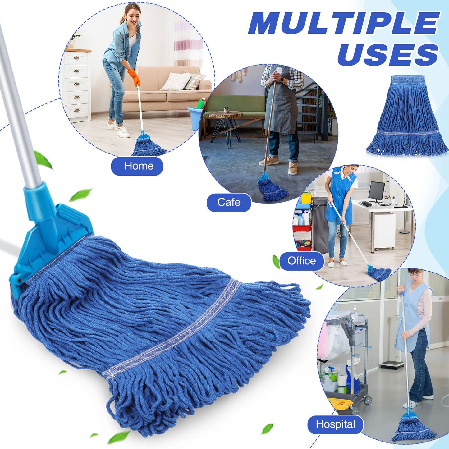 16 Pack Commercial Mop Head Replacements Looped End Wet Mop Head Heavy Duty Mop Heads Cotton String Mops Blue Industrial Cleaning Mop Head Refills for Commercial Industrial Home Cleaning