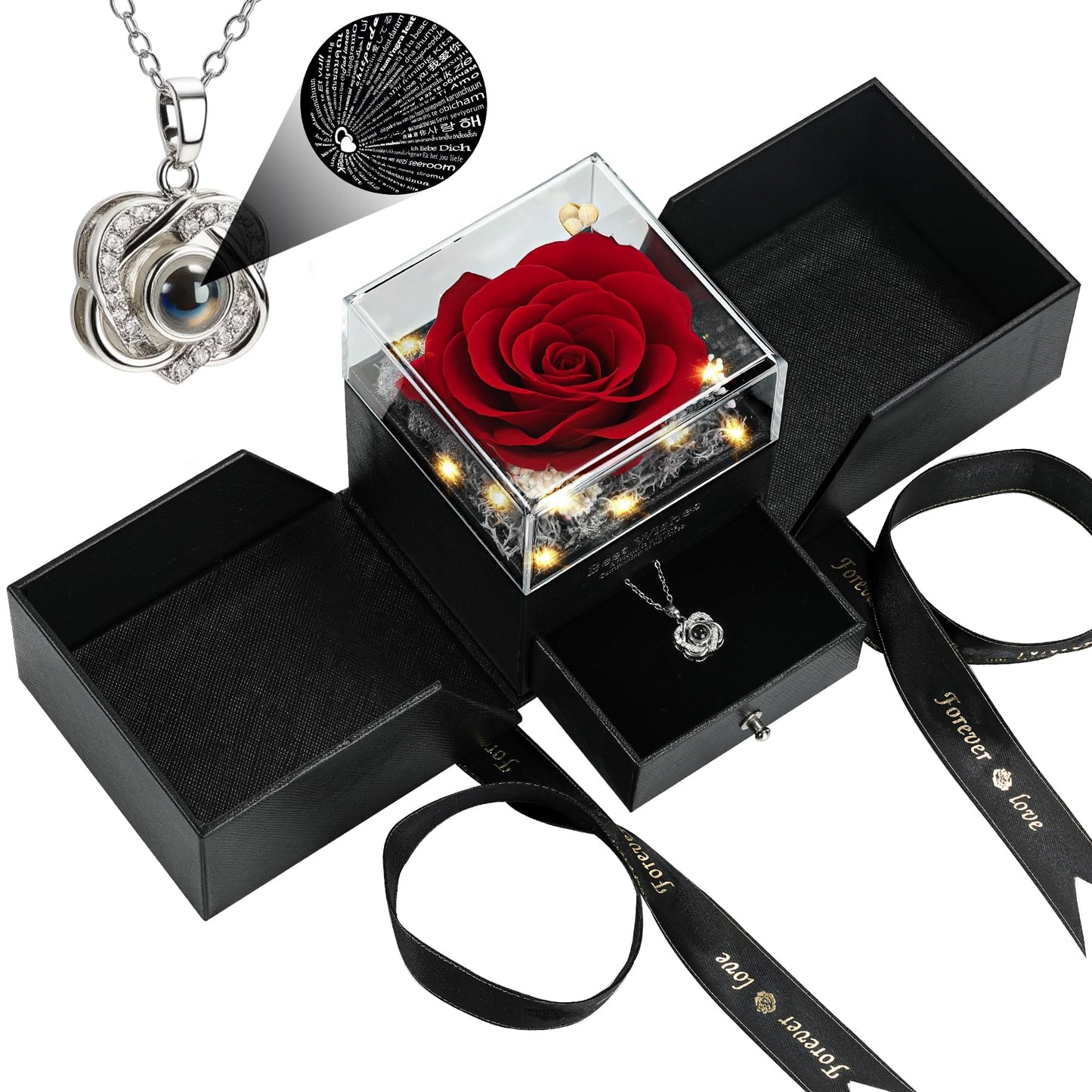 woxafo Preserved Real Red Rose with I Love You Heart Necklace 100 Languages - Eternal Flowers Rose Birthday Gifts for Women, Wife, Mom, Girlfriend - Valentine's Mother's Day Christmas Gift