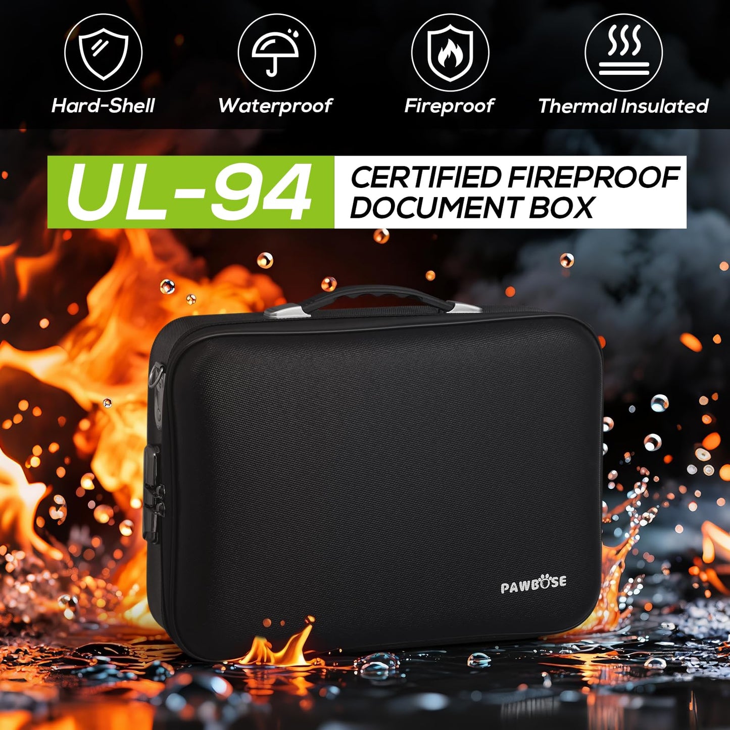 PAWBOSE Fireproof Document Home Safe with Combination Lock, 16x12x5 inch Fireproof Water-Resistant Hard Case Box for Important Documents Certificates Passports Cash