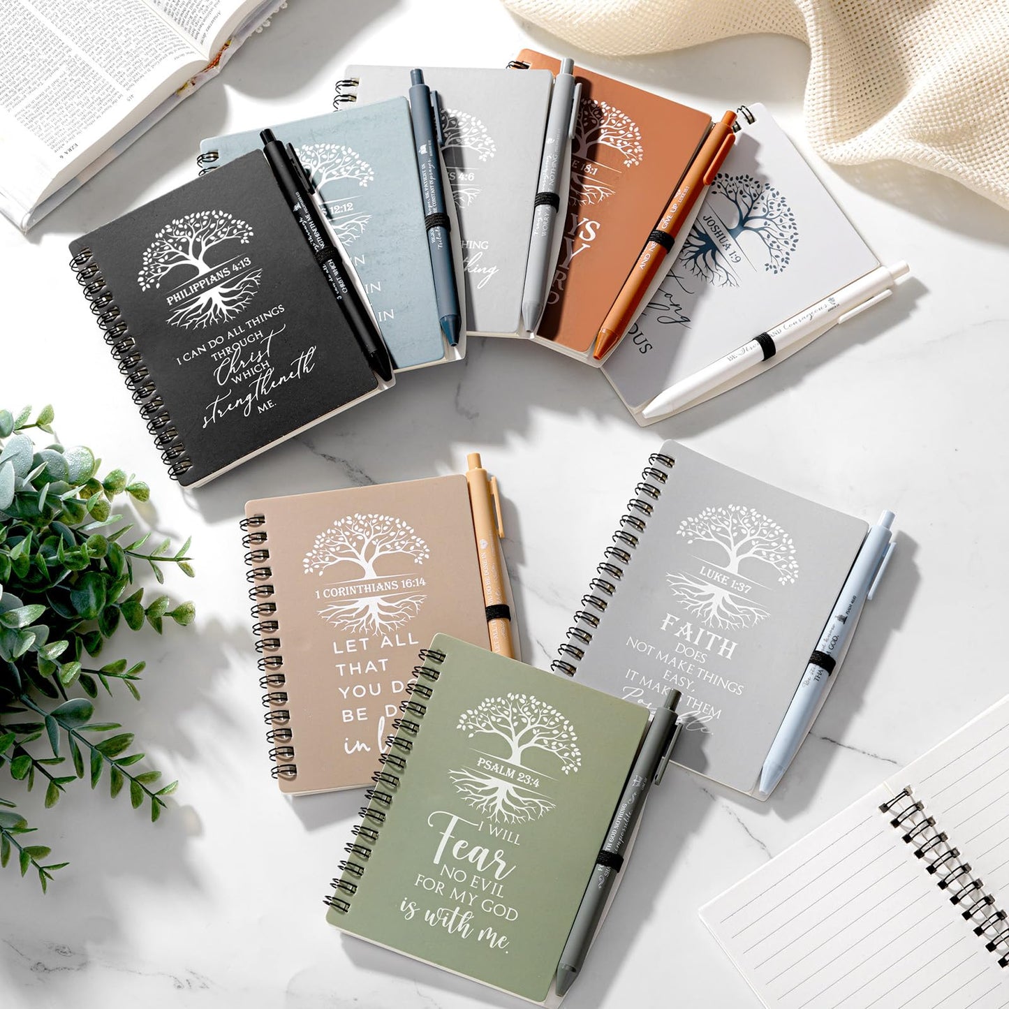 Kosiz 60 Pcs Fathers Day Christian Gift Bulk for Women, Motivational Church Prayer Journal Bible Verse A6 Spiral Notebook with Ballpoint Tree Life Religious Gift for Men Teacher (Boho Color)