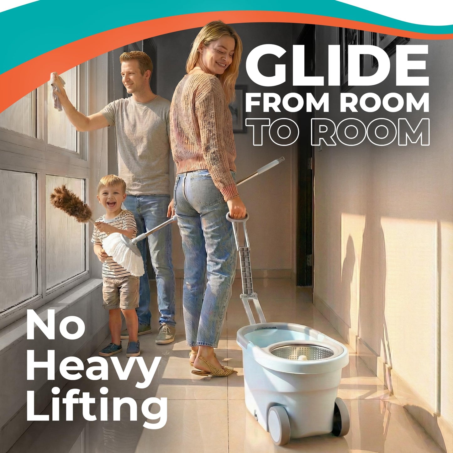 Grazie Spin Mop & Bucket Set - 360° Self-Wringing System with Wheels, Stainless Steel Handle - Hands-Free Floor Cleaning for Hardwood, Tile, Laminate - Includes 4 Washable Microfiber Mop Head Refills
