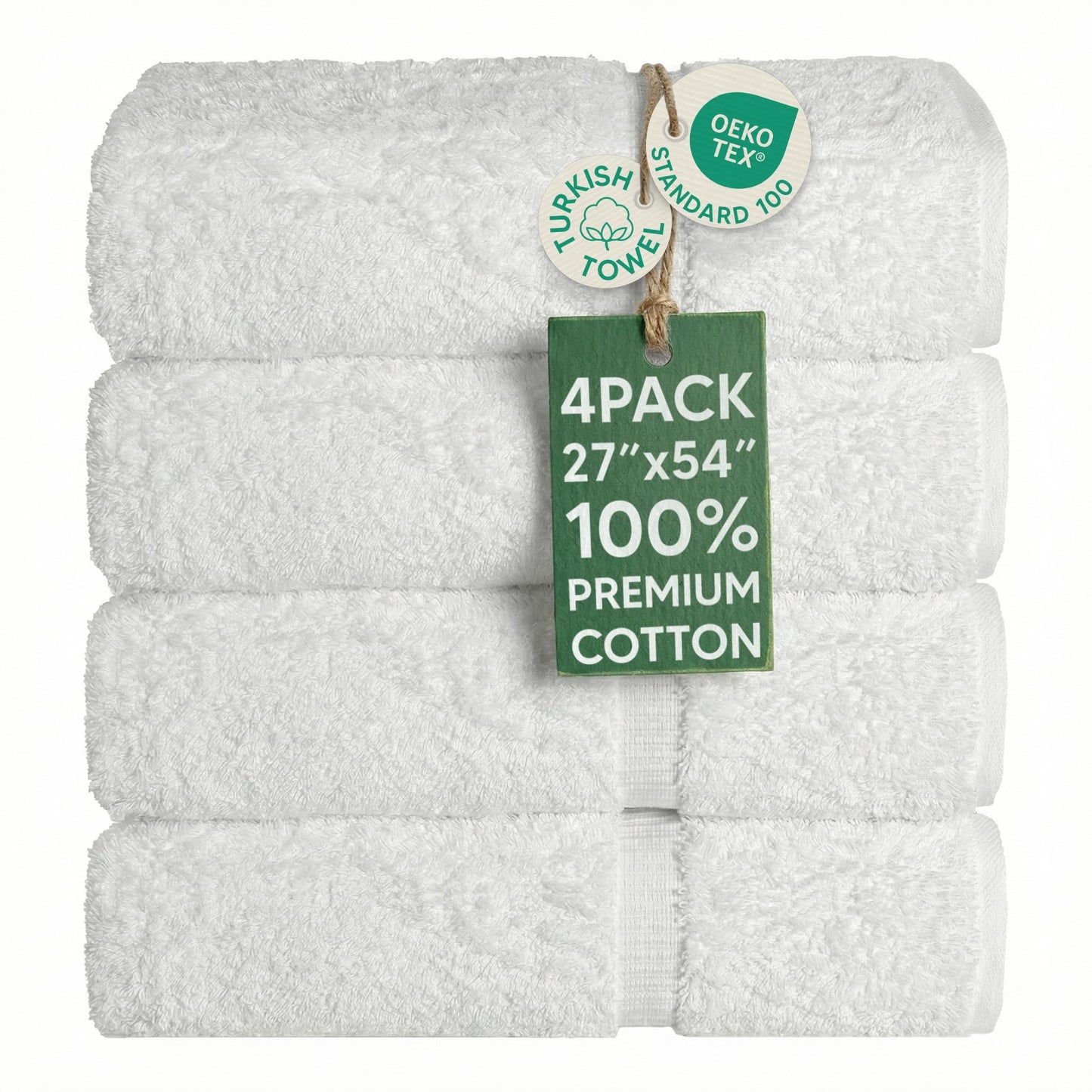Chakir Turkish Linens 4 Piece Bath Towel Set, 100% Cotton Luxury Turkish Towels for Bathroom, Soft Absorbent Bath Towels, 27 x 54 Inches, White