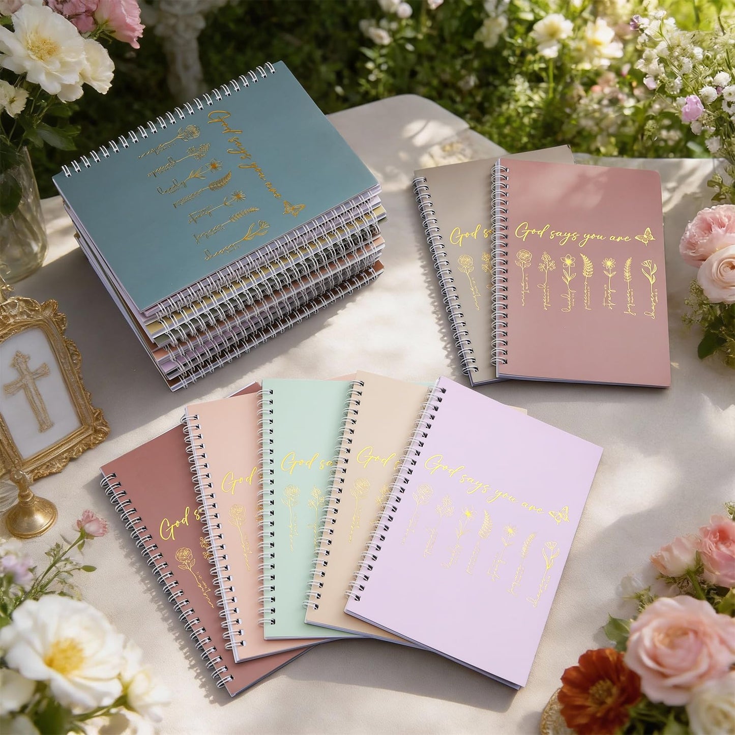 MotiMind 24 Pcs Floral Christian Spiral Notebook Set Christian Gifts for Women God Says You Are Bible Verse Inspirational Prayer Journal with Gold Foil Cover for Church 5.5" x 8.3" (Morandi)