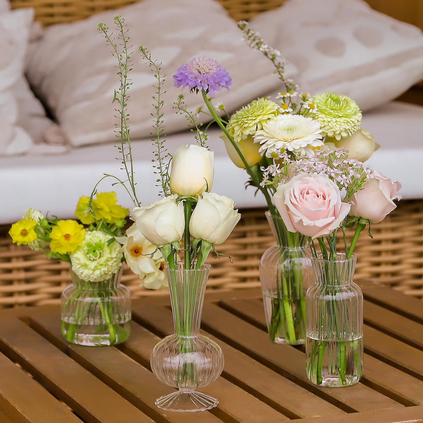 12 Pcs Ribbed Glass Bud Vases Set, 4 Styles Clear Small Flower Vases in Bulk, Roman Column Vertical Ribbed Design for Wedding, Home Decor, Table Centerpieces, Party