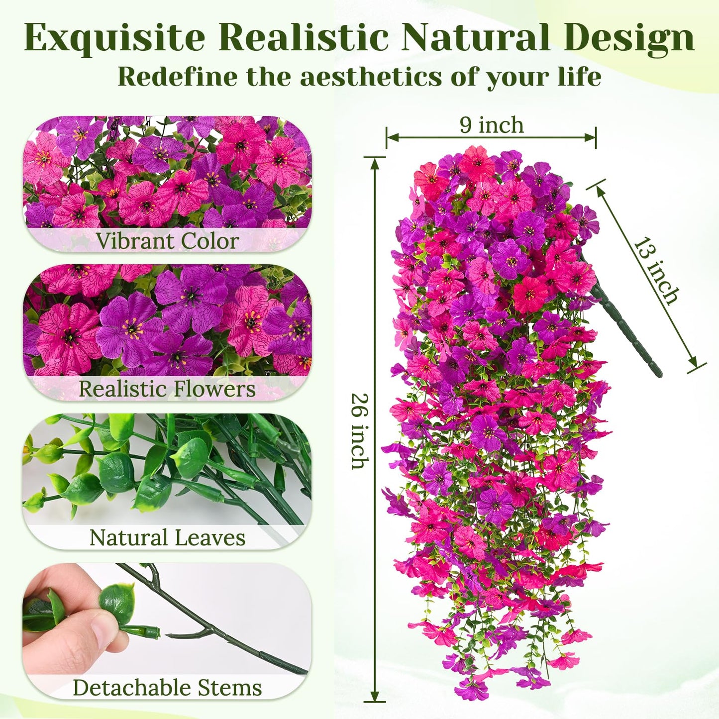 Dolicer 8 Pcs Look Real Artificial Flowers for Outdoors, Realistic Fake Artificial Hanging Flowers for Outdoors UV Resistant Silk Faux Hanging Plants Flowers for Porch Patio Garden (Purple+Fuchsia)