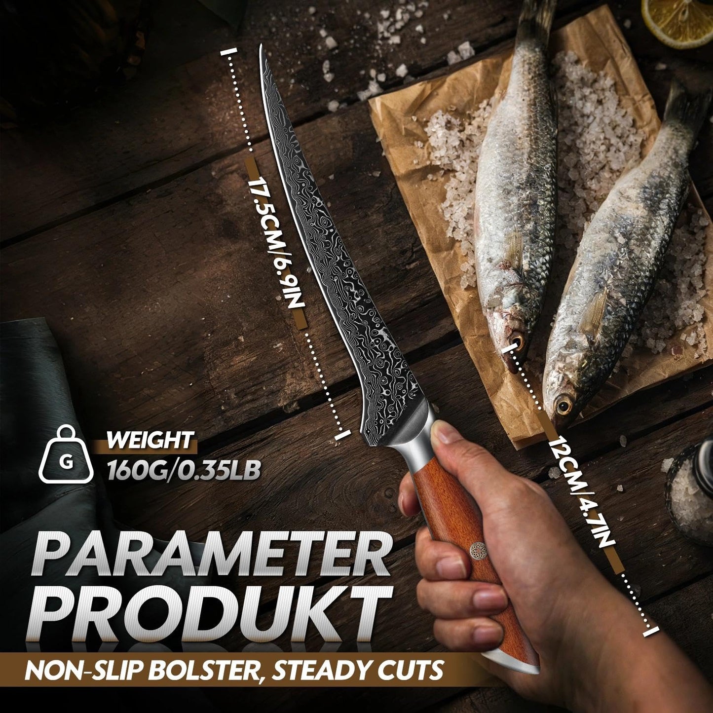 Freelander Damascus Fillet Knife 7", Razor Sharp Boning Knife for Fish, Meat & Poultry, Japanese Filet Knives with Ergonomic Wood Handle, Ideal for Skinning, Deboning & Slicing, Gift Box Included