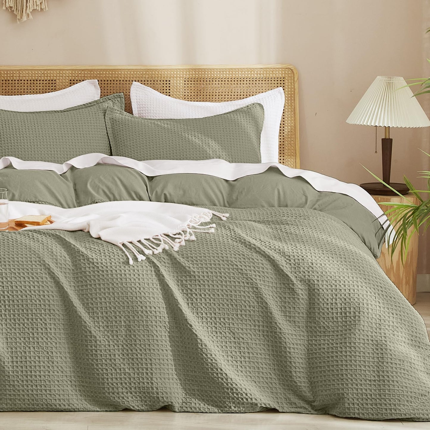 PHF Waffle Duvet Cover Set Queen Size, No Snagging Ultra Soft Luxury Textured Breathable Comforter Cover for All Season 3pcs, Durable Bedding Duvet Set with 2 Pillow Shams, 90"x90", Dusty Sage