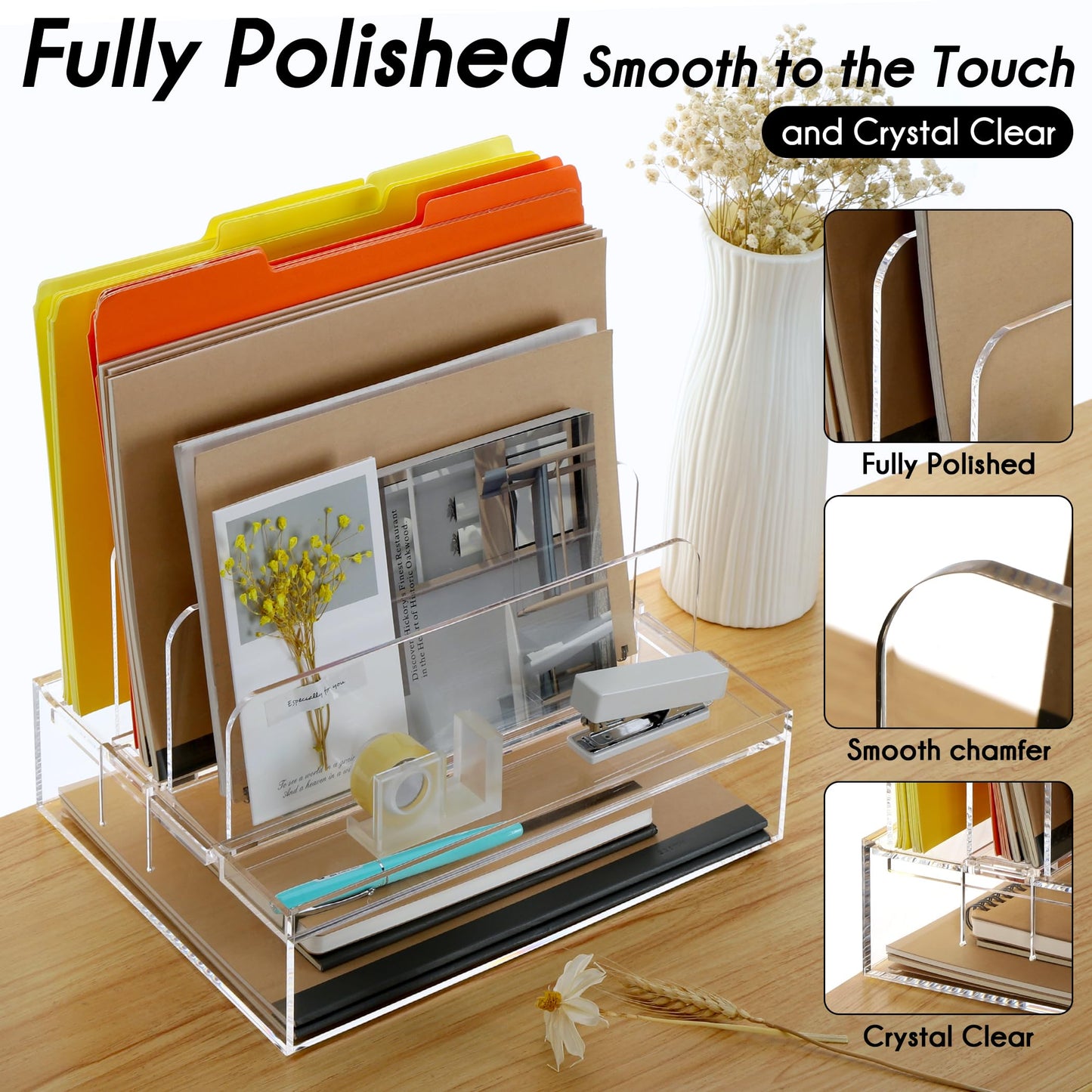 DINGHUO Acrylic Desk Organizers and Accessories, Paper Letter Tray Organizer with 3 Vertical File Holder, Clear File Organizer for Desk Home Office Supplies -1 Pack