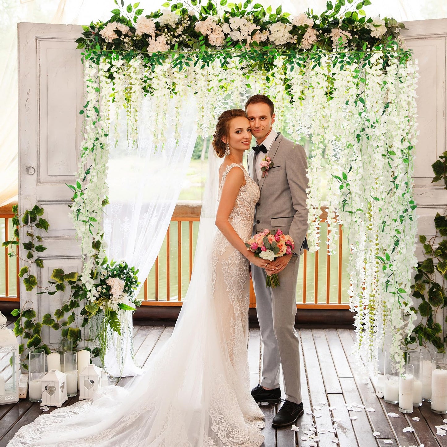 HLAONU 150 Branches Wisteria Hanging Flowers,10Pcs Total 60ft White Wisteria Artificial Flowers Garland Vine Silk Hanging Flowers for Wedding Party Arch Ceremony Garden Home Backdrop Decor