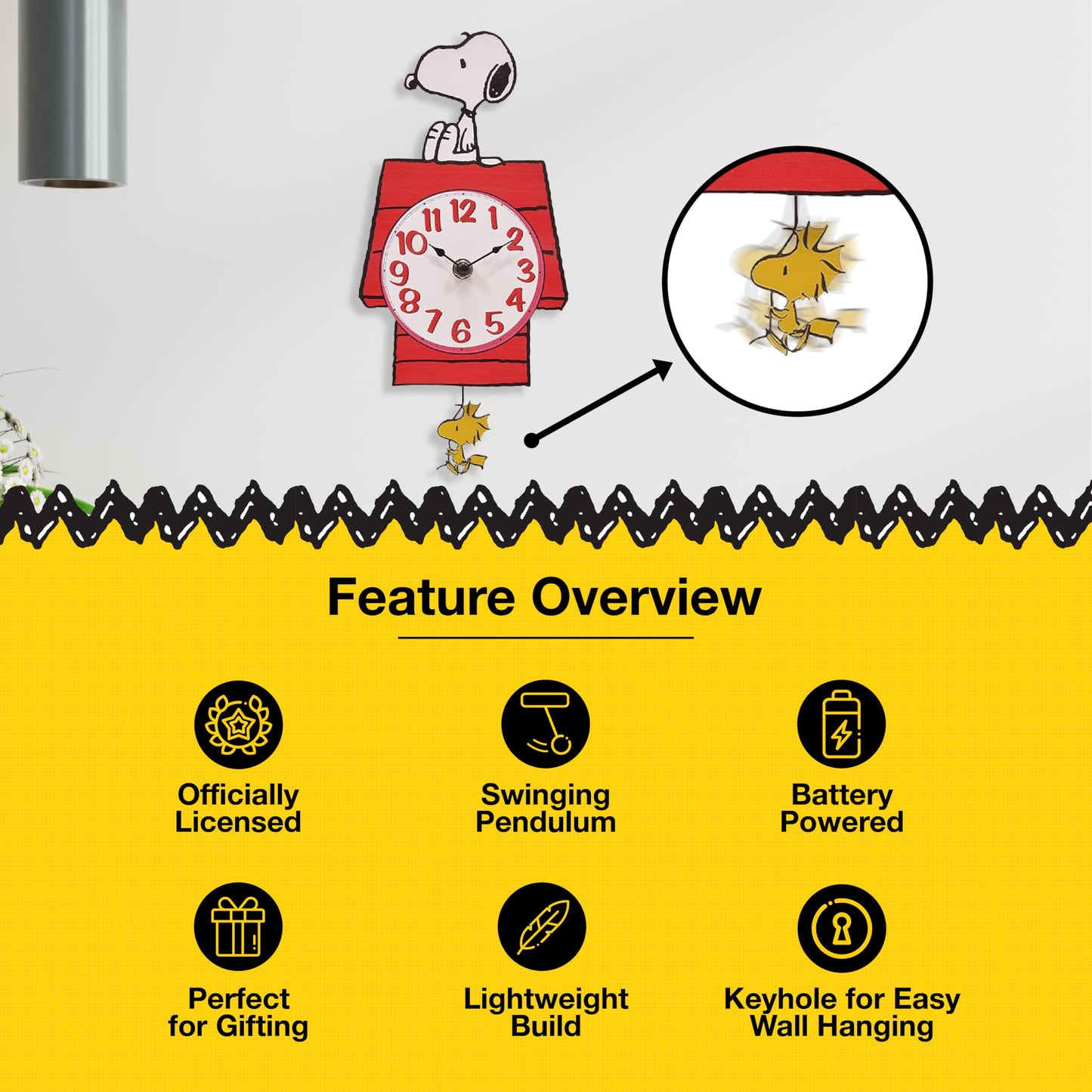 Mark Feldstein, Peanuts Snoopy's Dog House with Woodstock Pendulum Pal Wall Clock, 12 Inch