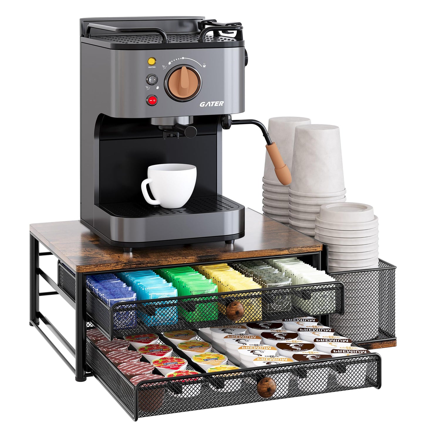 TQVAI K Cup Holder - 60 Capsule Capacity 2 Tier Sliding Pods Storage Drawer with Disposable Cups & Lids Holder, Coffee Bar Station Organizer for Countertop, Black