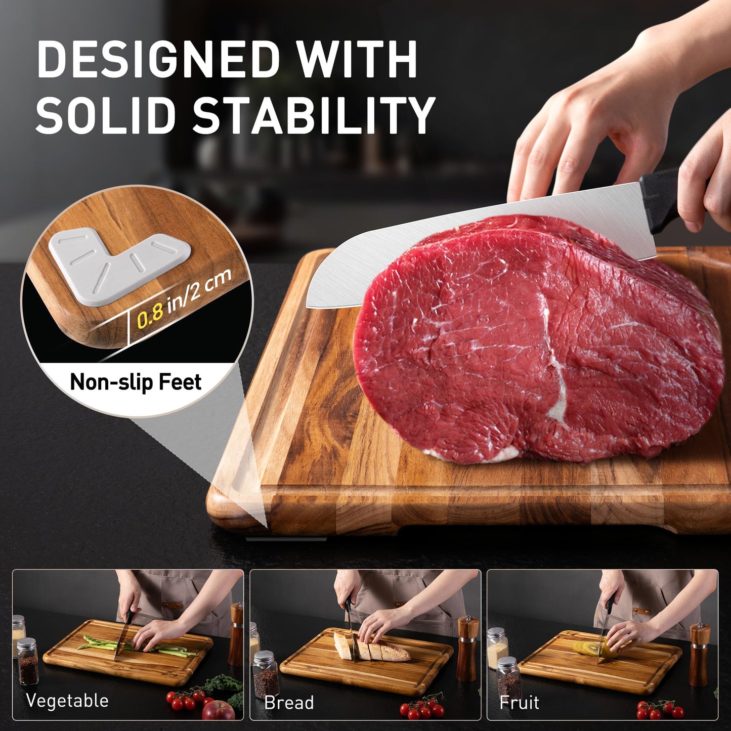 2 Pack Teak Cutting Board for Kitchen Wooden Chopping Board Charcuterie Board Non Slip Over Sink NOT Bamboo Stainless Steel Titanium Acrylic Acacia Olive Glass Plastic Silicone Metal