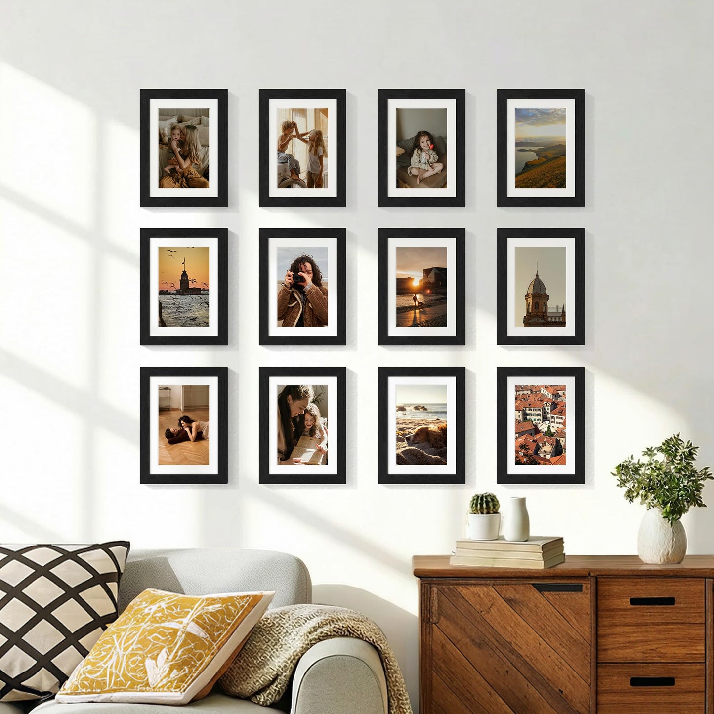 Vittanly 5x7 Picture Frames Set of 12, Display 4x6 Pictures with Mat or 5x7 without Mat, Engineered Wood with Shatter Resistant Plexiglass, Wall or Tabletop Photo Frames, Black