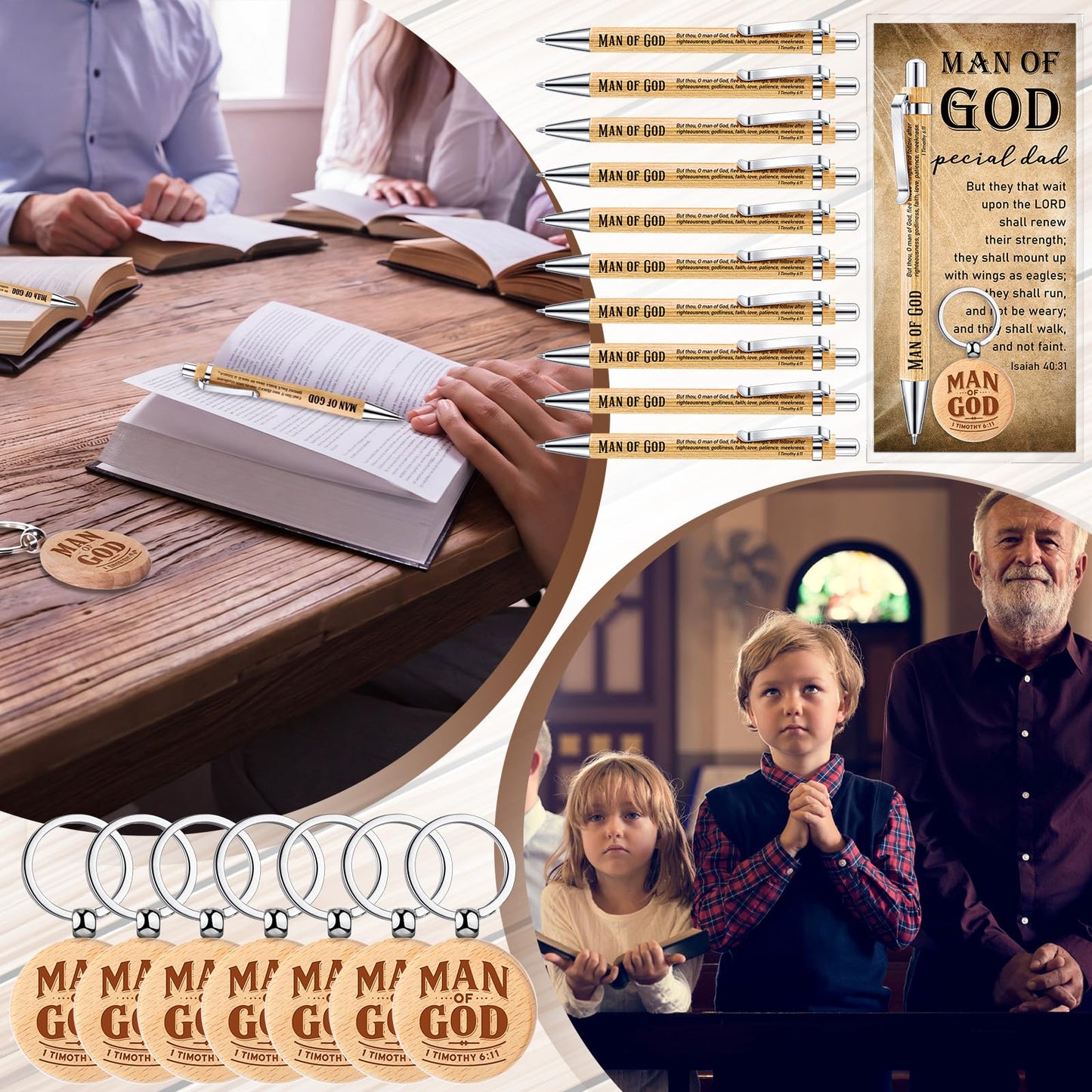 Chiisong 40 Sets Christian Gifts Bulk for Fathers Day Church Man of God Keychain Bible Verse Pen with Scripture Cards for Godfather (Rotundity)