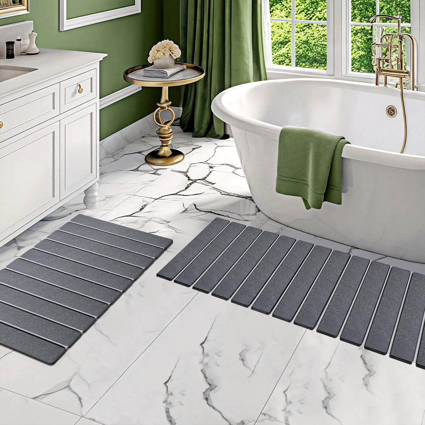 Setguopal 2 Pack Foldable Stone Bath Mats, Gray Super Absorbent Diatomaceous Earth Bath Rug, Non-Slip Shower Mat, Quick-Drying Bath Rug and Drying Mat for Tub and Shower
