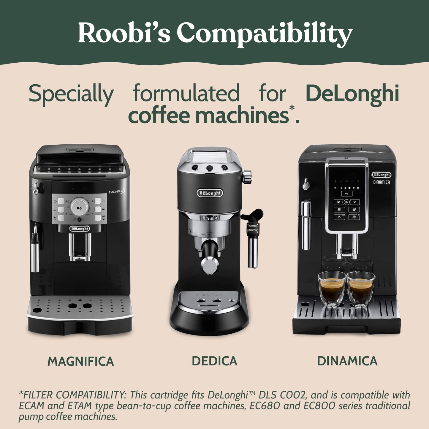 Roobi DeLonghi Compatible Cleaning Descaling Kit. Includes 1 Bottle of Descaling Solution and 4 DeLonghi Filters. Carbon Neutral DeLonghi Cleaner Descaler Kit. 1 Year Supply.