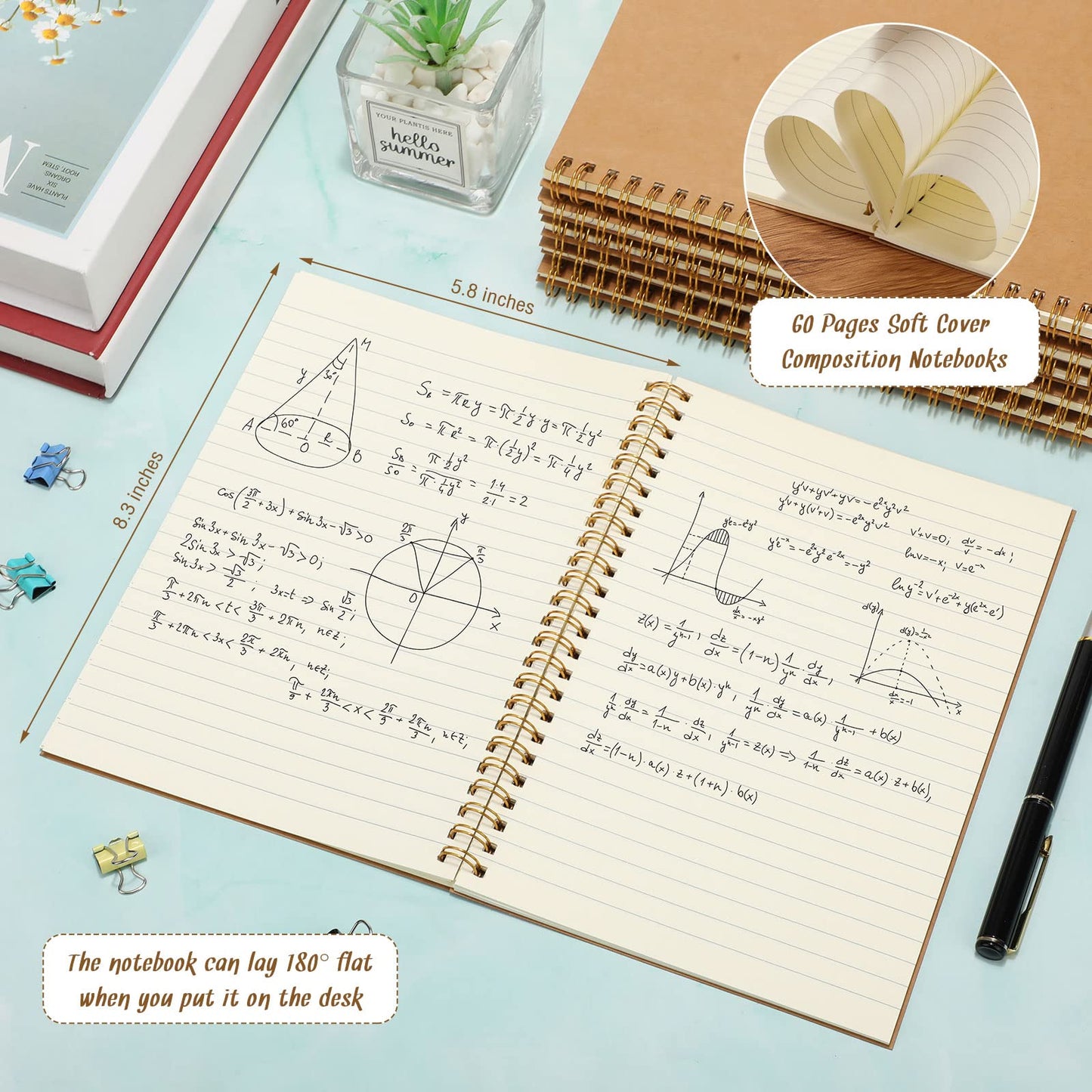 Outus 50 Pcs A5 Spiral Notebook with Kraft Cover Bulk - 8.3 x 5.8 Inch 100 Pages Hardcover Spiral Notebook Journals Lined Writing Paper for Diary Planner School Office Supplies(Brown)
