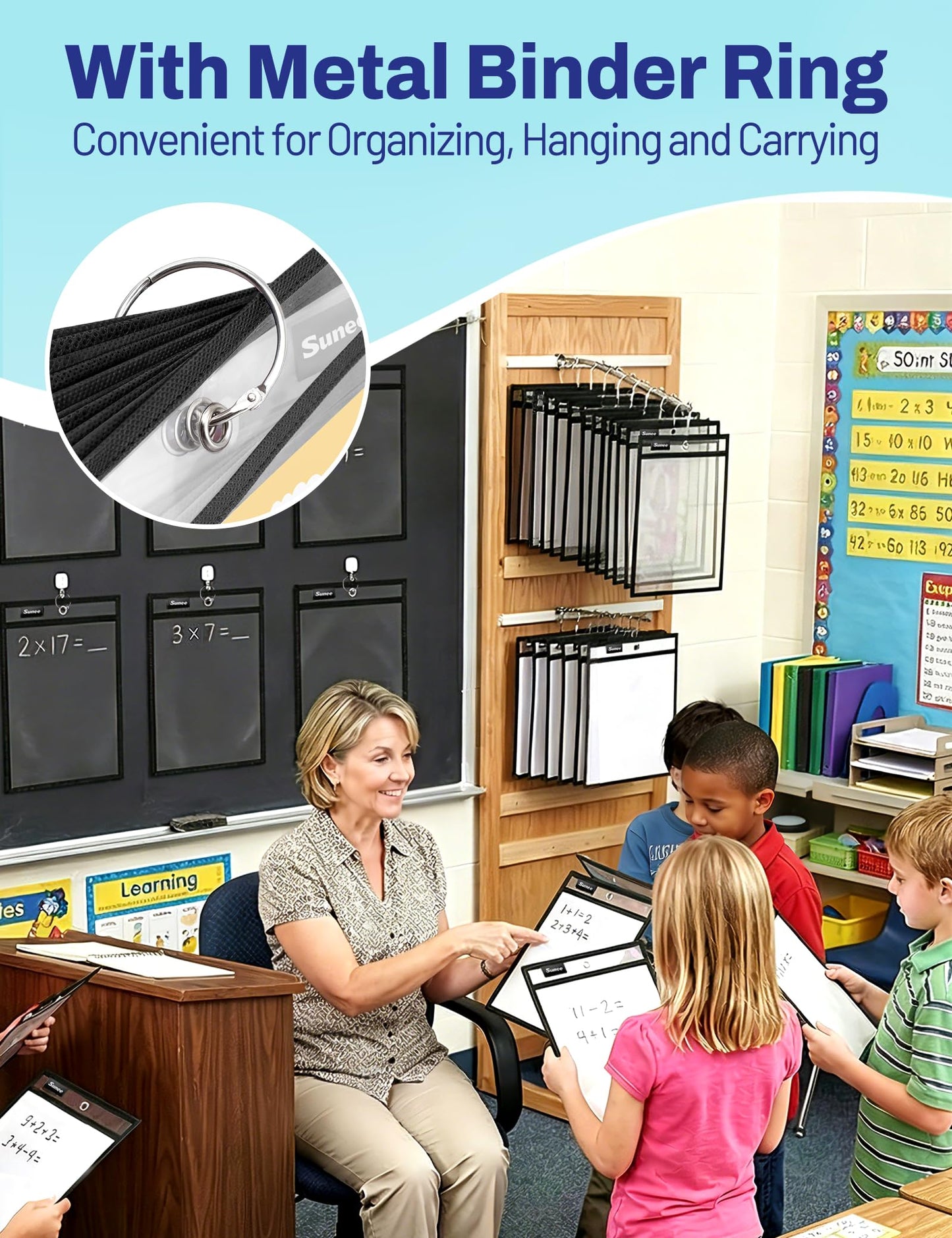 SUNEE 50 Packs Oversized Reusable Dry Erase Pocket Sleeves with 3 Rings, Black 10x14 Ticket Holders, Clear Plastic Sheet Protectors, Teacher School Classroom Supplies