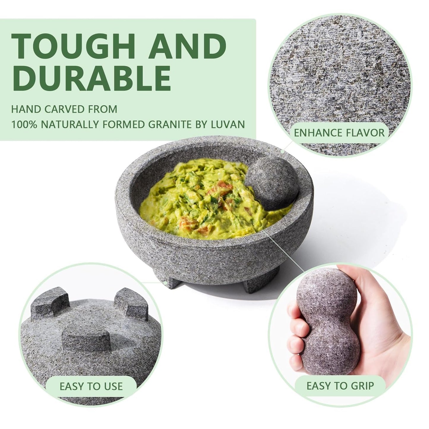 Luvan Large Mortar and Pestle Set,4 Cups Unpolished Granite Natural Stone Grinder Bowl for Molcajete Guacamole Bowl Crushing/Mexicano Guacamole,Spices Grinder,Herb Crusher,Salsa Pesto-8IN/Gray