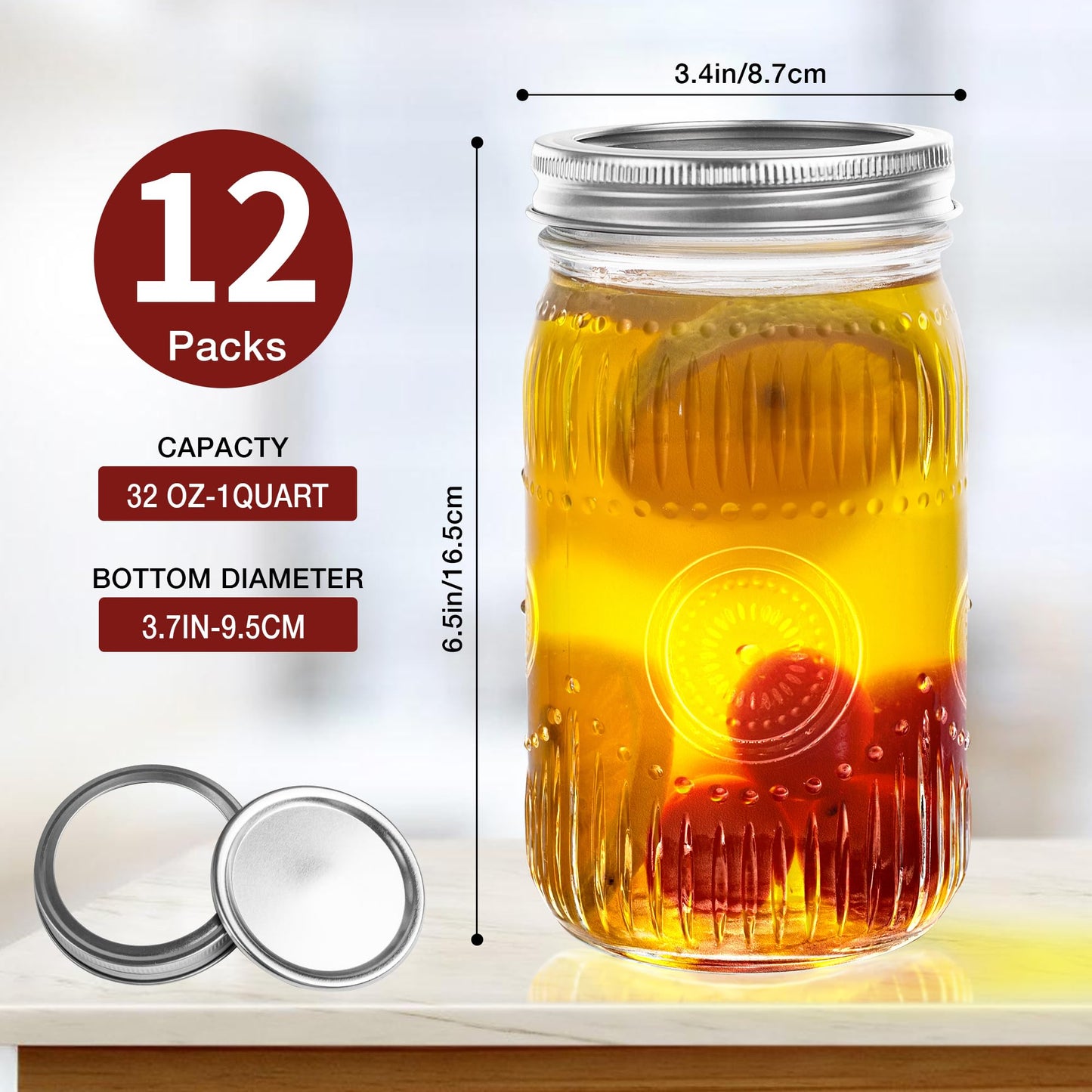 Amzcku 32oz Vintage Mason Jars with Lids, Wide Mouth Quart Canning Jar 12 Pack