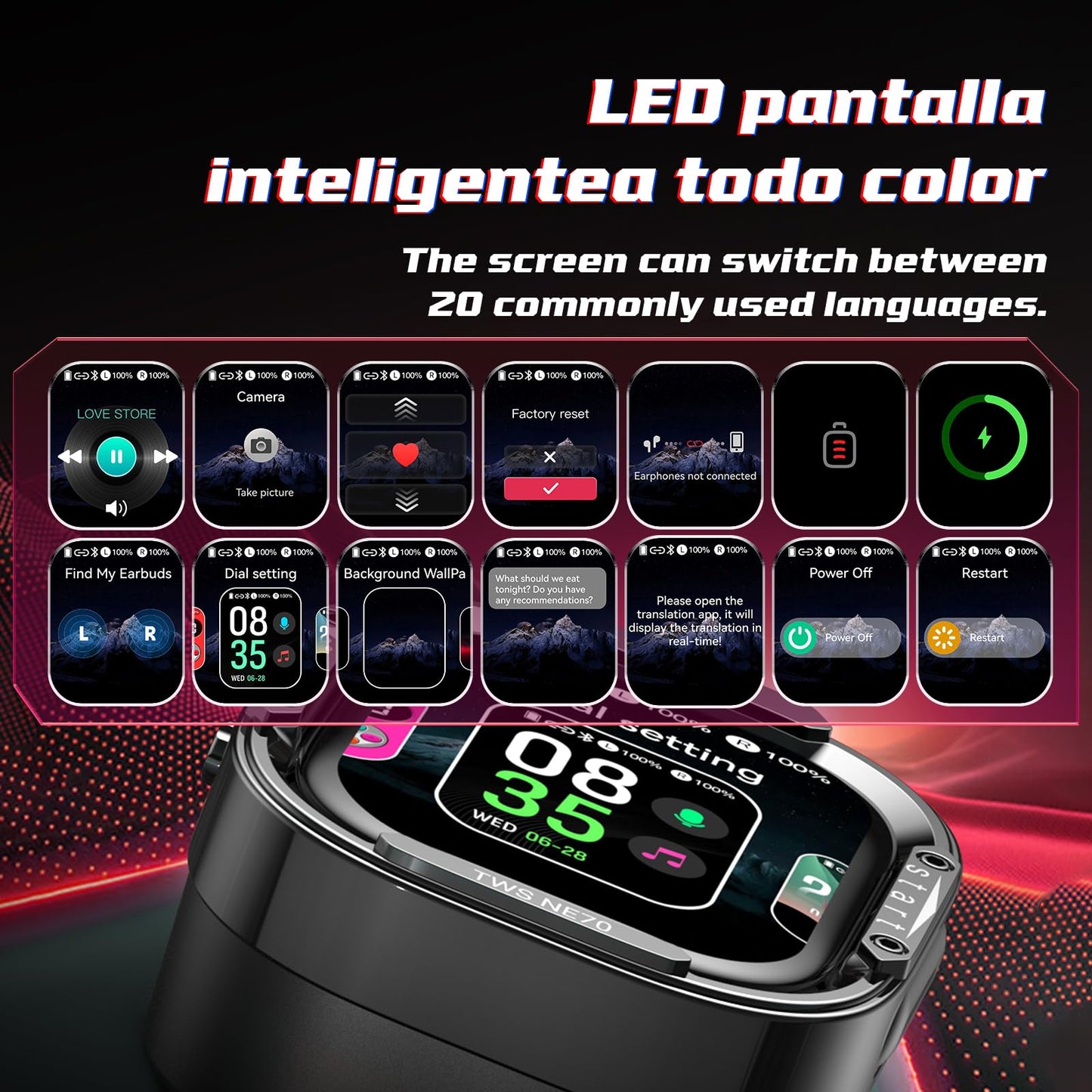 BEARTAIN NE70 Earbuds, 2026 New NE70 AI Translation Earbuds in Real Time, Language Translator Headphones with LCD Touch Screen Audifonos Traductores Inglés Español Support 150 Languages for Travel