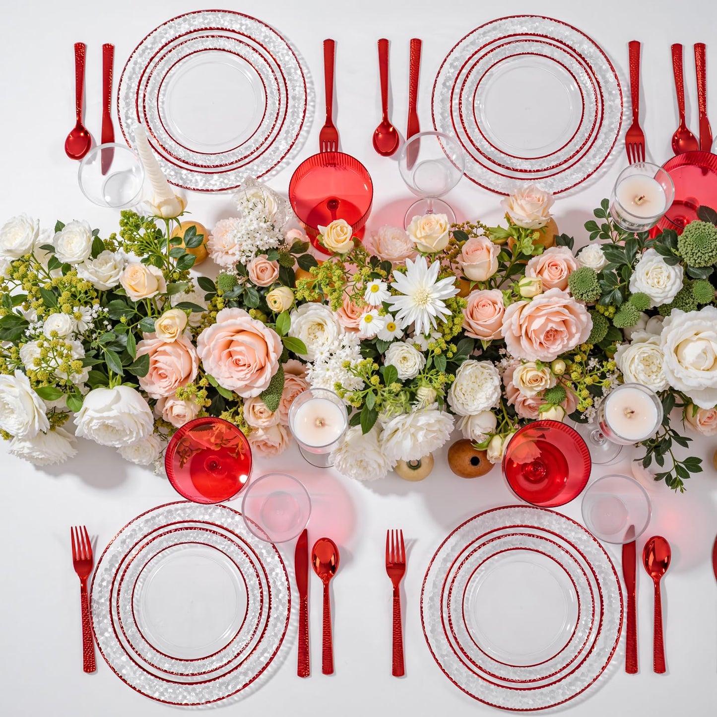 Ciaell 150 PCS Red Plastic Plates – Clear Hammered Disposable Plates with Red Rim include 50Plates, 25Forks, 25Knives, 25Spoons, 25Cups for Wedding & Party & Anniversary